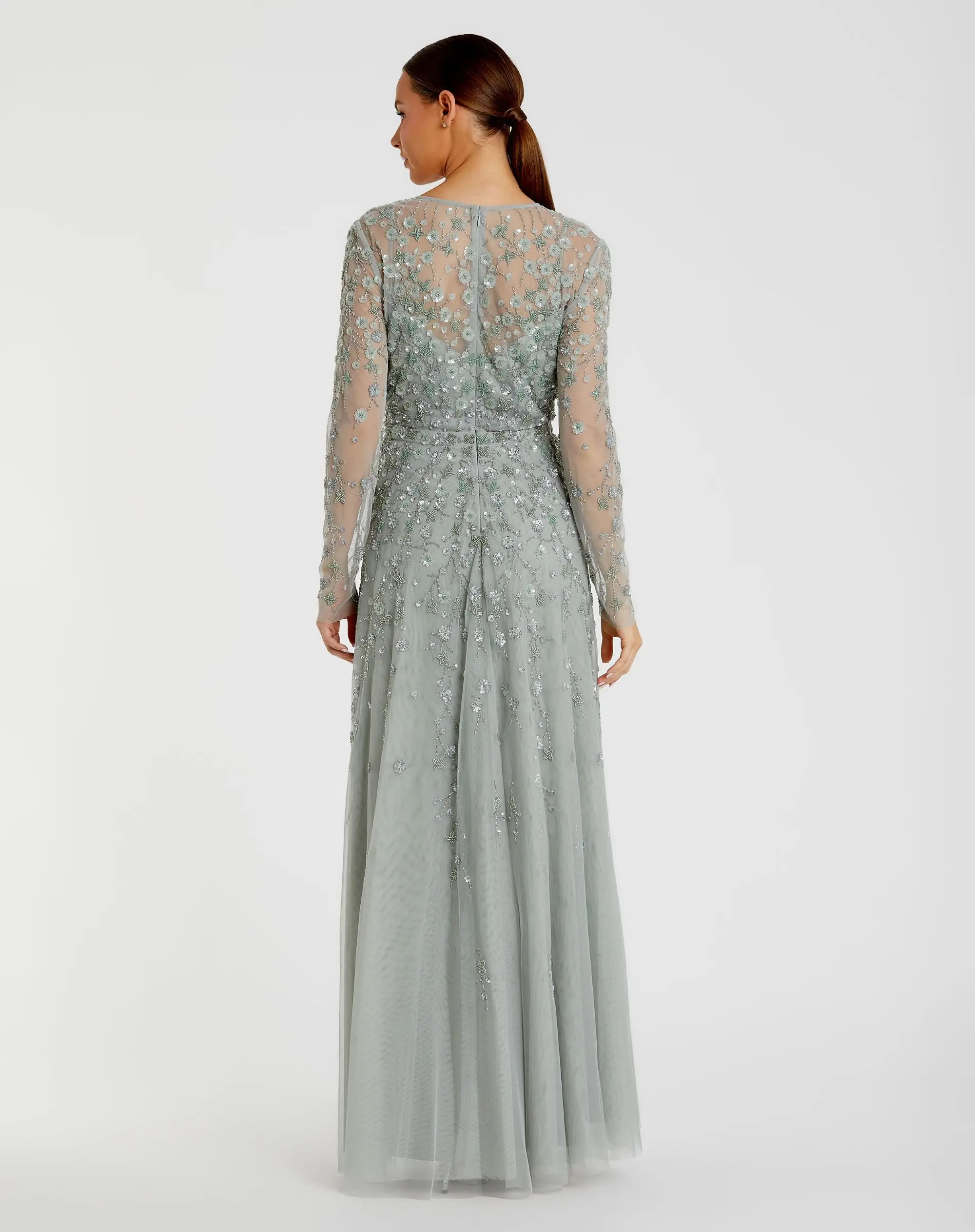 Green Embellished Wrap Over Illusion Long Sleeve A Line Gown - FINAL SALE - Image 3