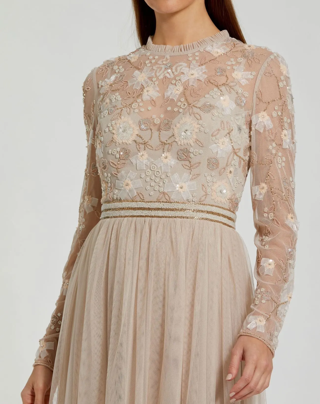 Beige Embellished Illusion High Neck Long Sleeve Gown - Image 2