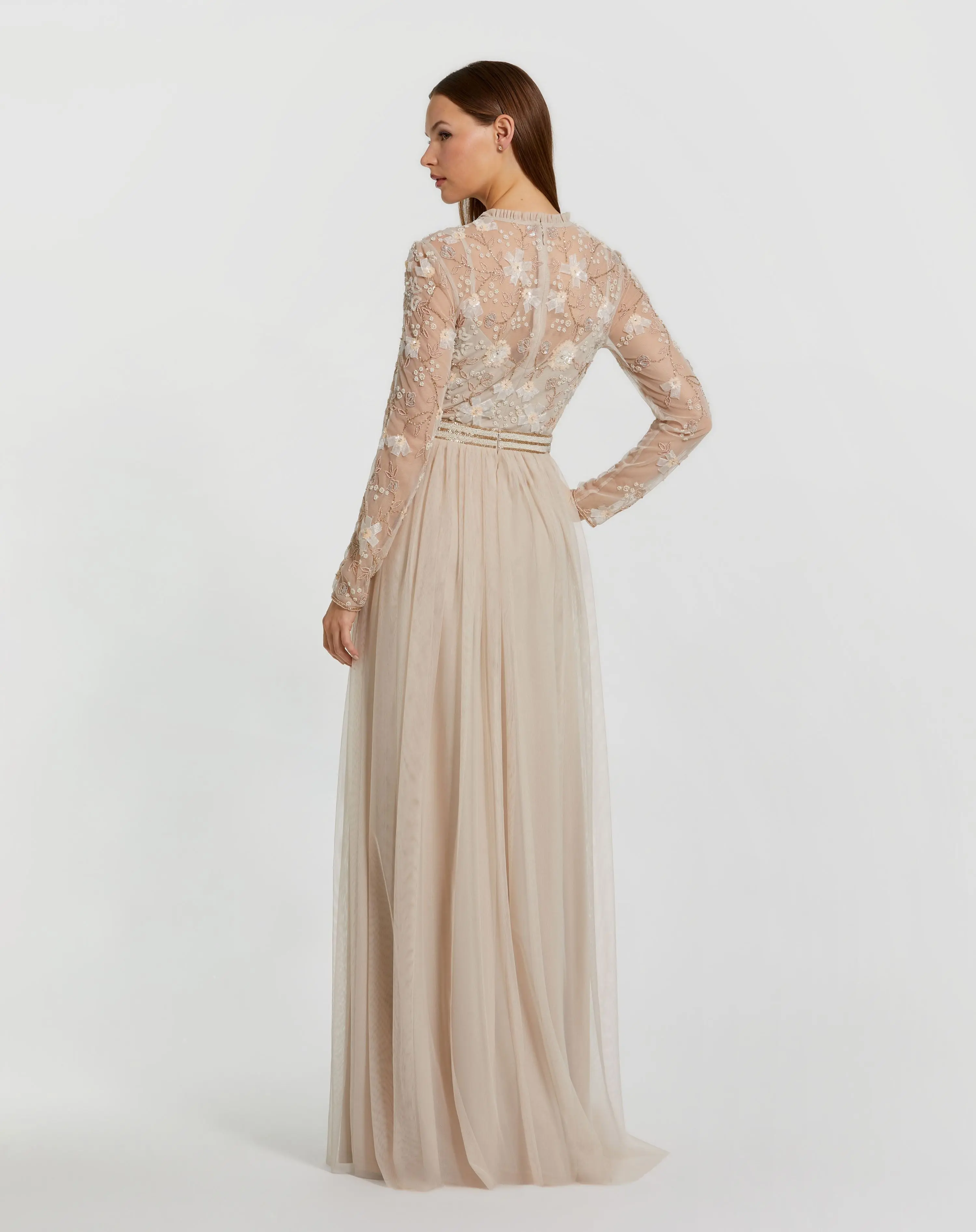 Beige Embellished Illusion High Neck Long Sleeve Gown - Image 3