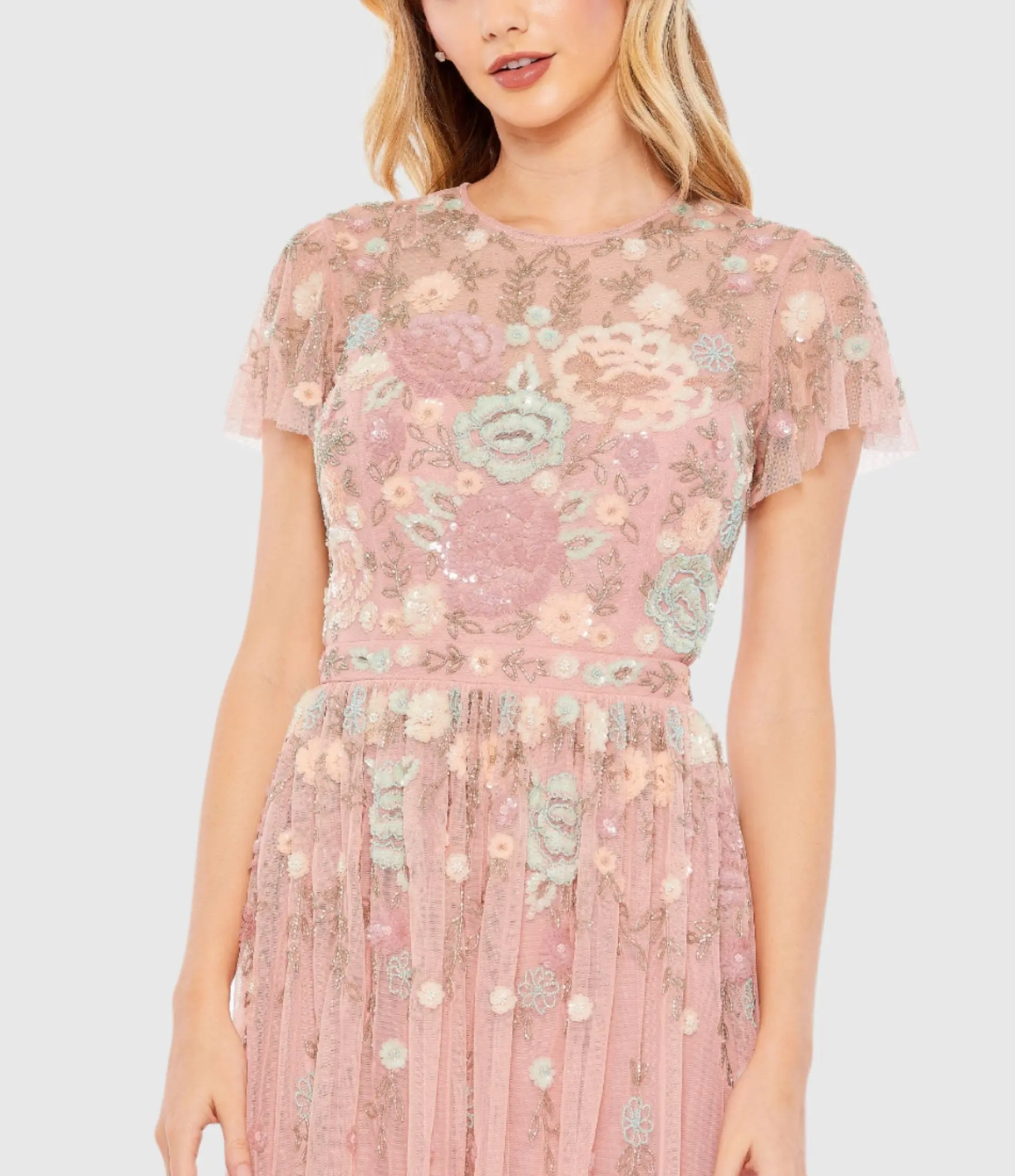 Pink Embellished Illusion High Neck Butterfly Sleeve Midi Dress - Image 2