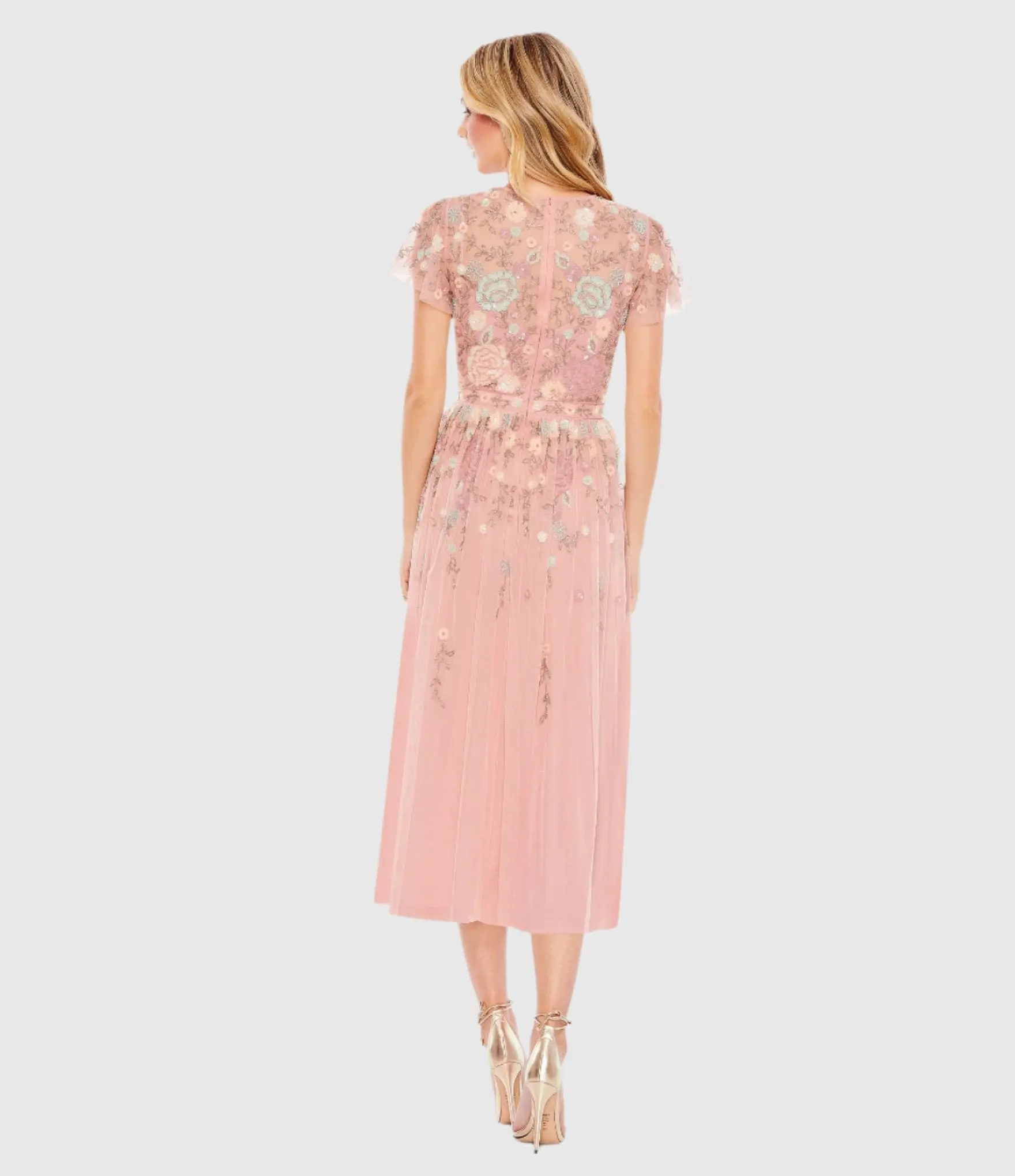 Pink Embellished Illusion High Neck Butterfly Sleeve Midi Dress - Image 3