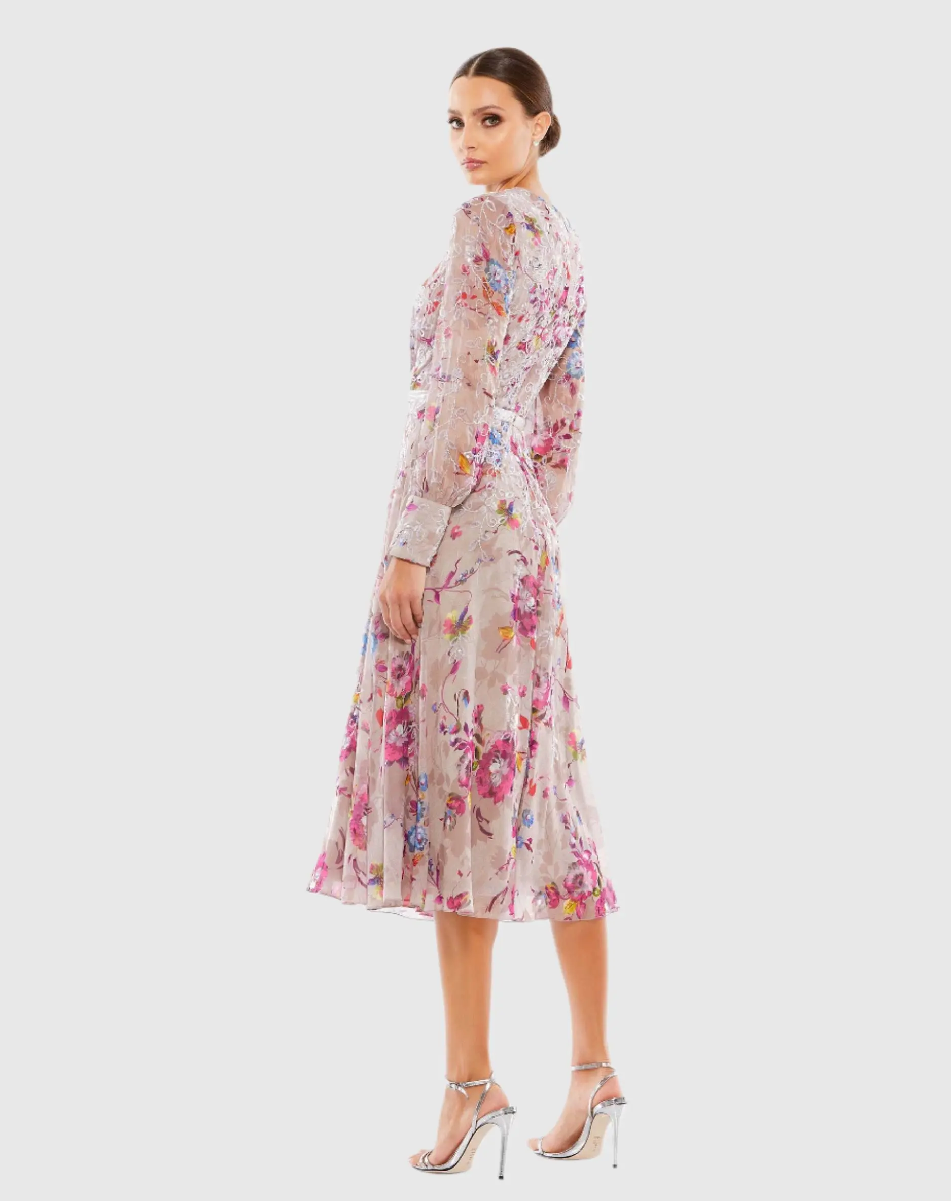 Multicolor Hand Embellished Floral Long Sleeve Midi Dress - Image 3