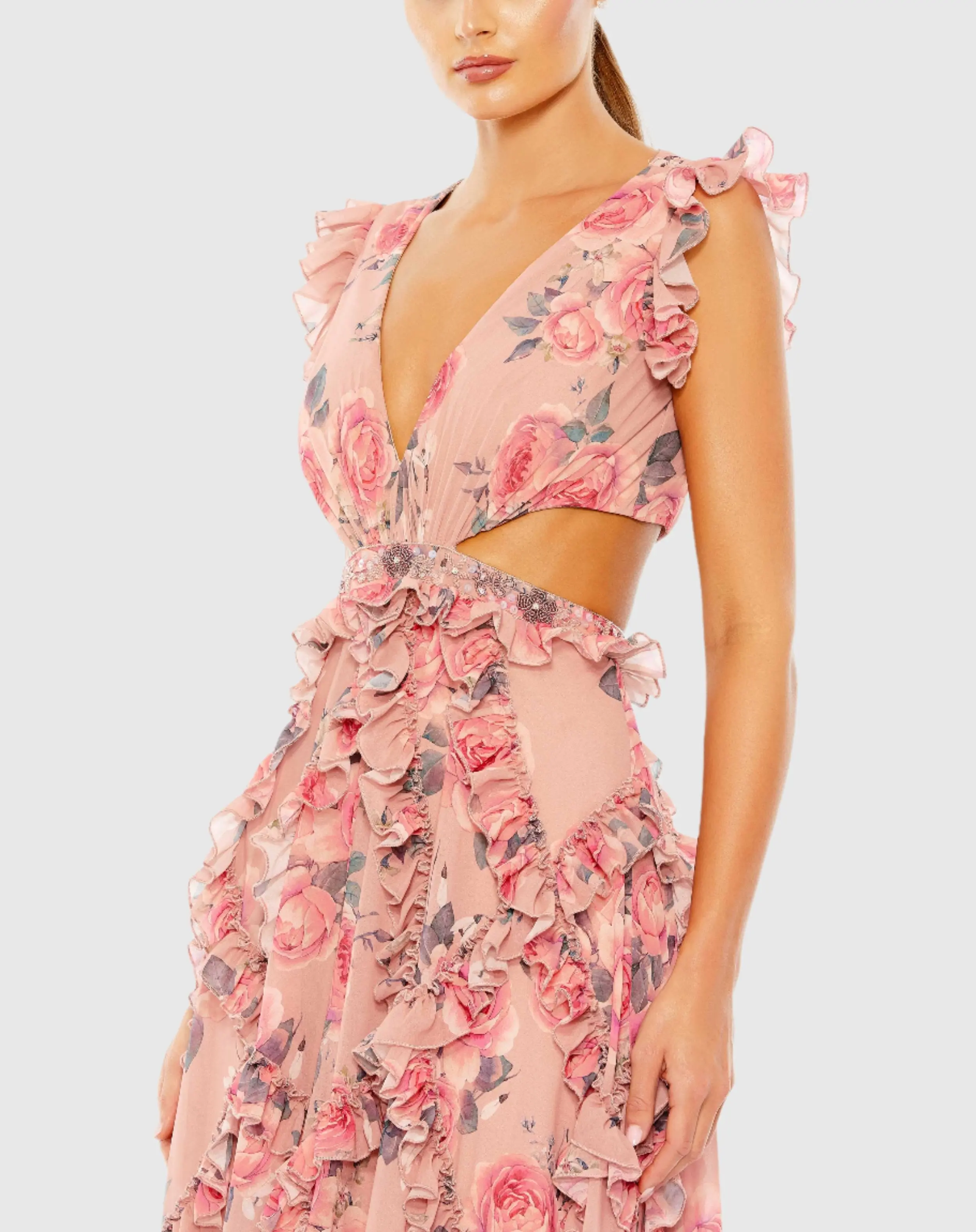 Pink Ruffled Cut Out Cap Sleeve V Neck Gown - Image 2