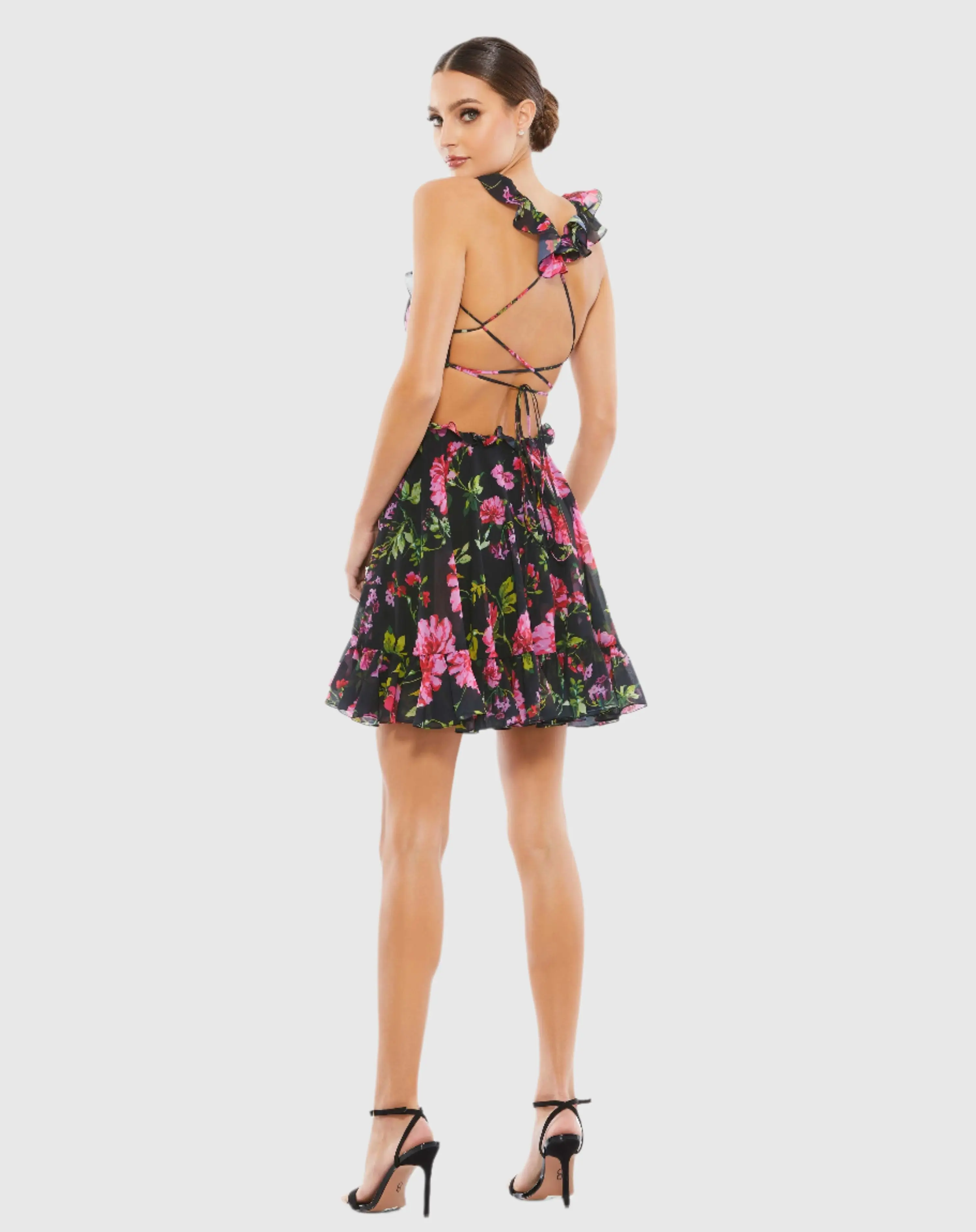 Black Ruffle Cut Out Lace Up Flowy Mini Dress - FINAL SALE - Image 3