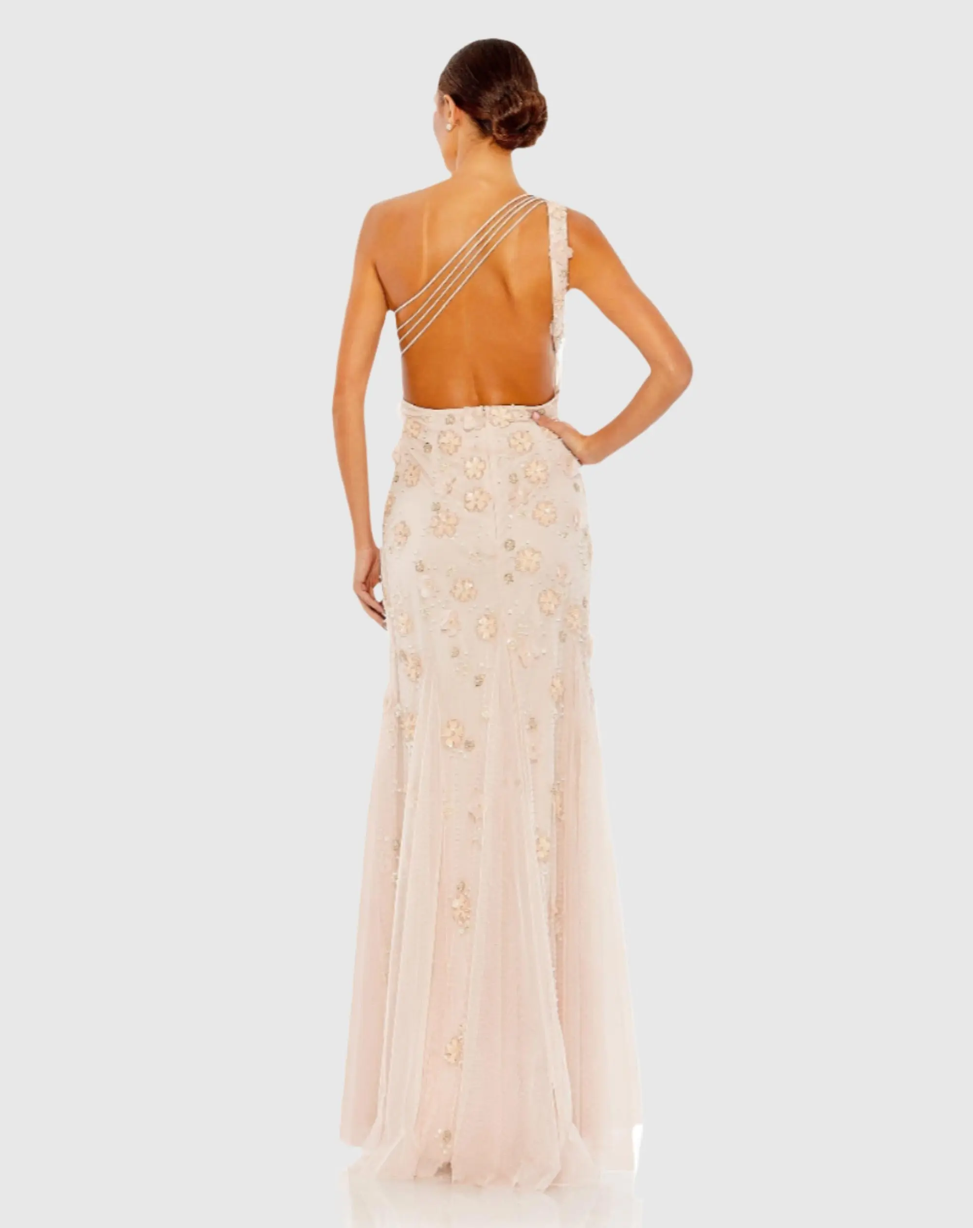 Pink Embellished One Shoulder Strappy Trumpet Gown - Image 3