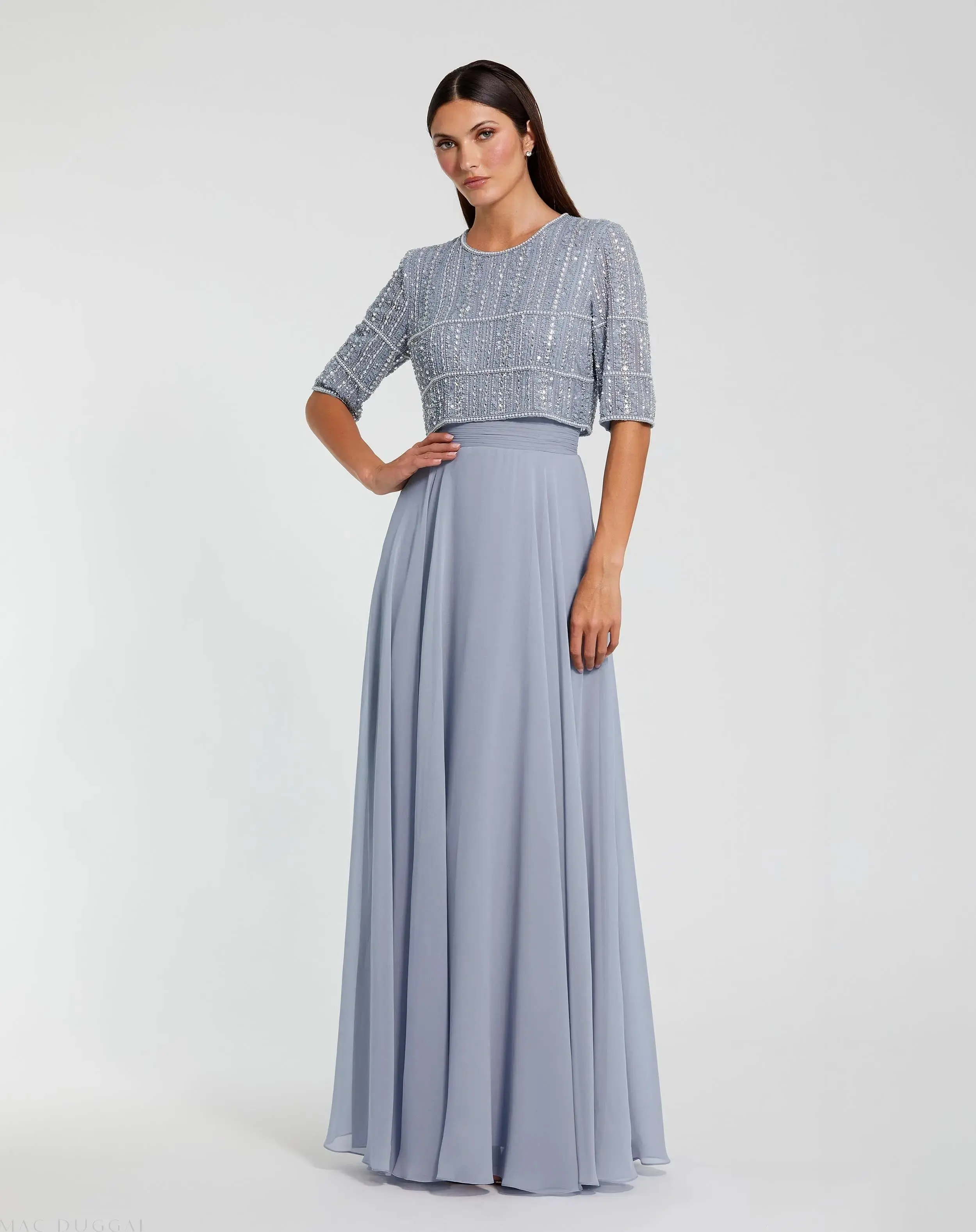 Chiffon Gown w/ Fully Beaded 3/4 Sleeve Top - Image 2