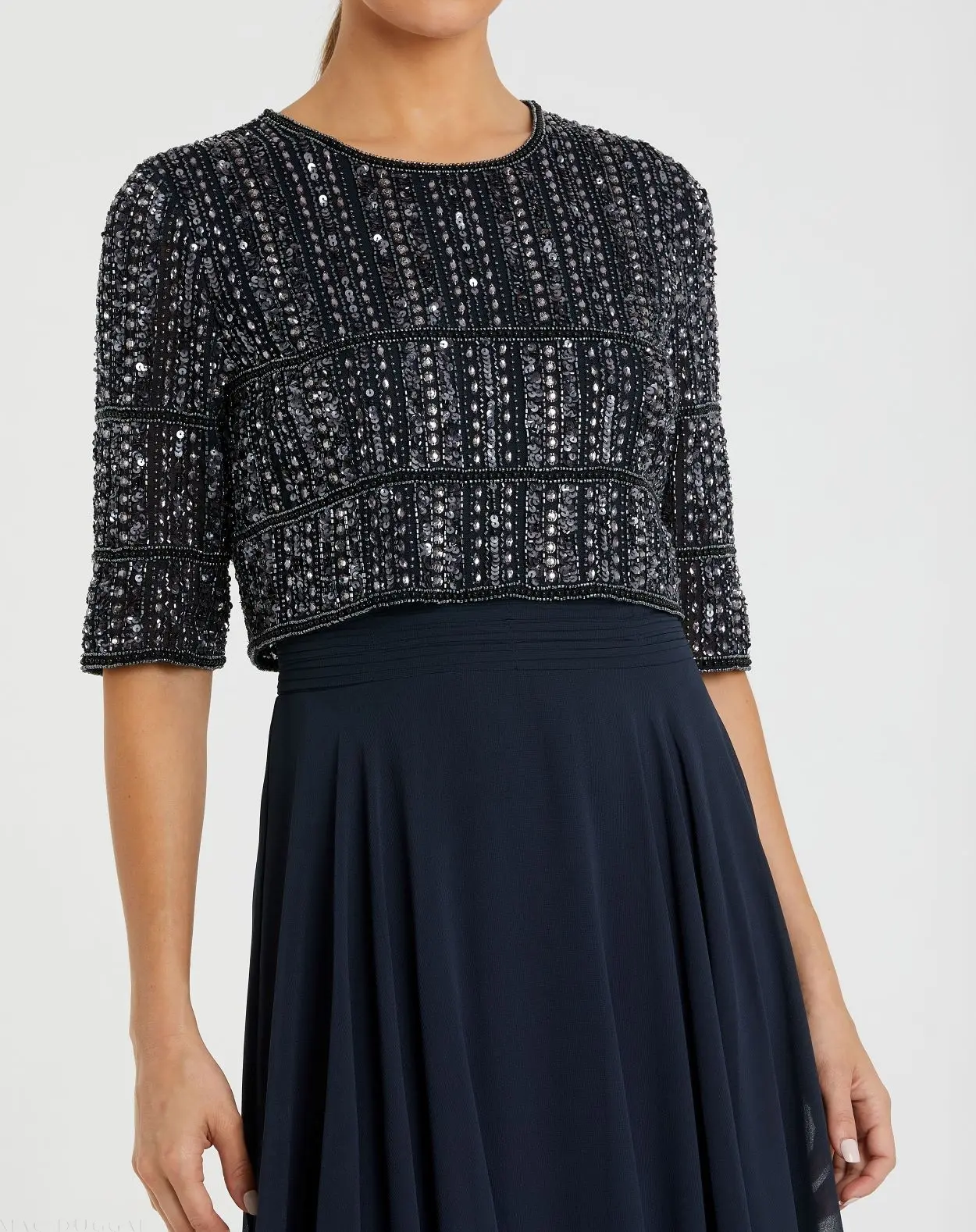 Navy Chiffon Gown w/ Fully Beaded 3/4 Sleeve Top - Image 2
