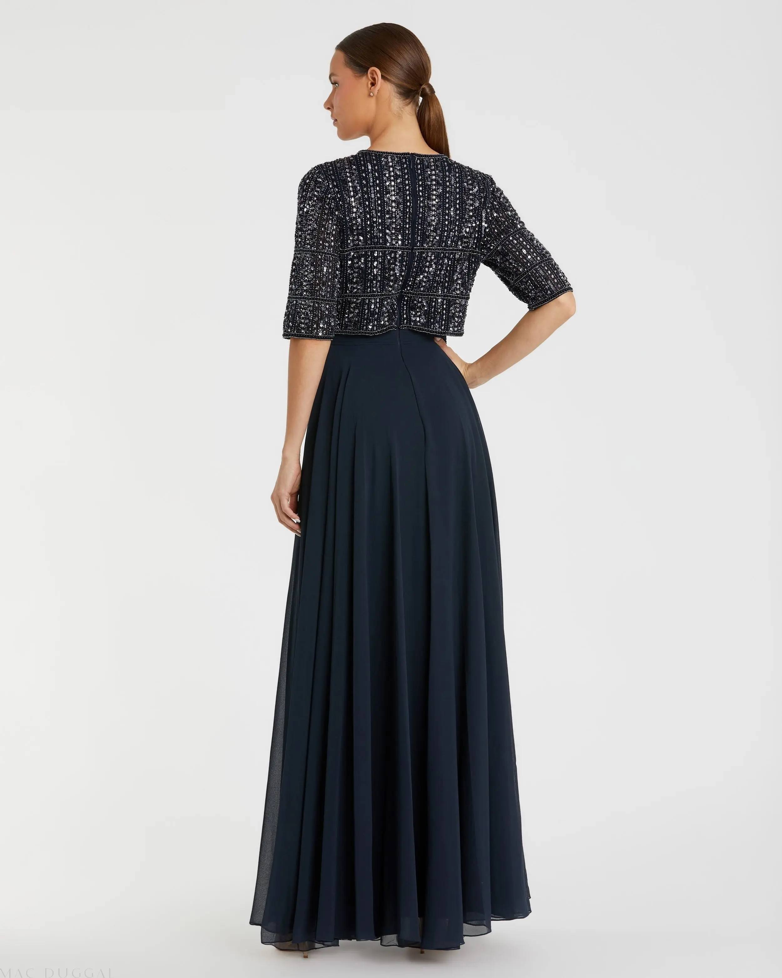 Navy Chiffon Gown w/ Fully Beaded 3/4 Sleeve Top - Image 3