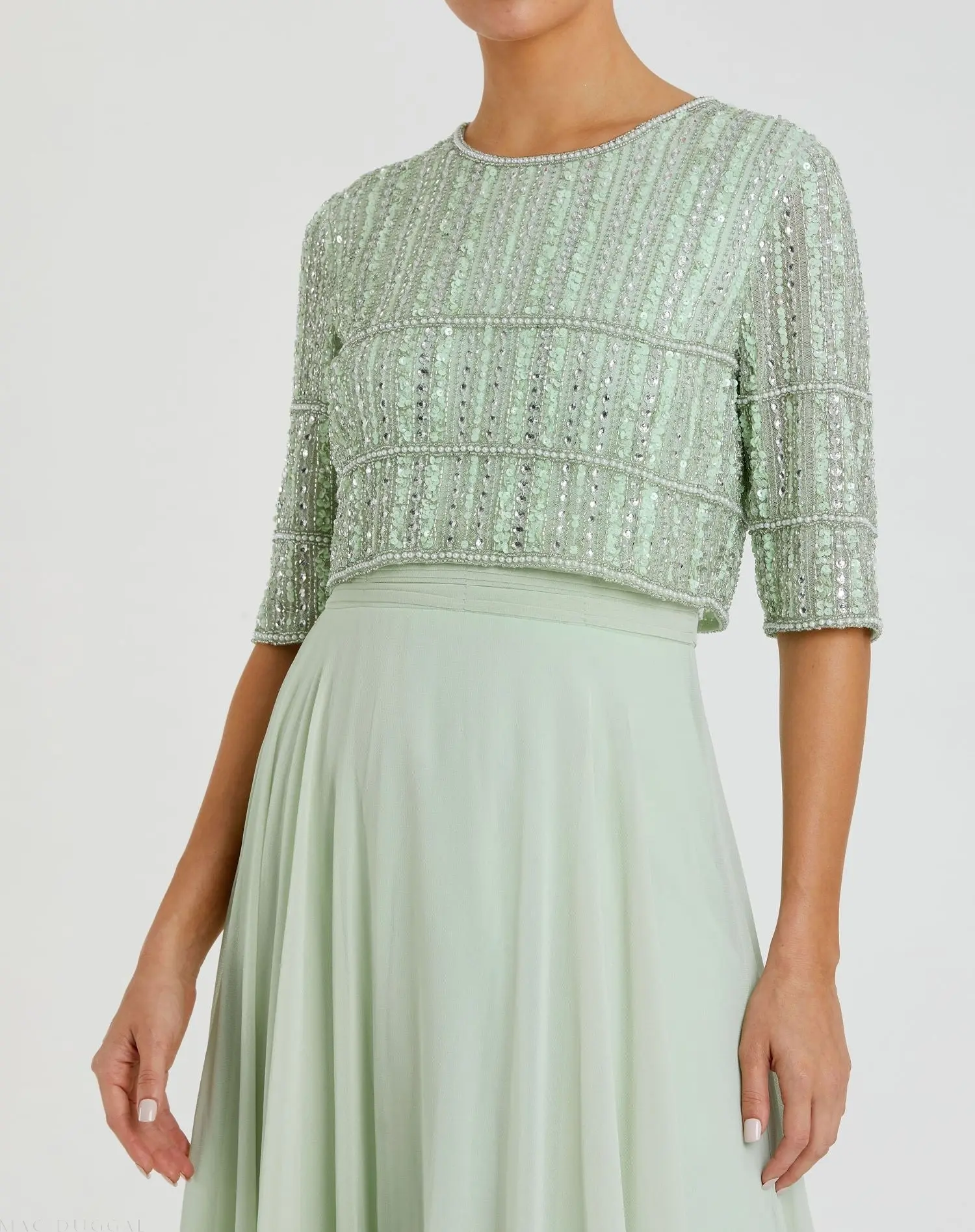 Green Chiffon Gown w/ Fully Beaded 3/4 Sleeve Top - Image 2