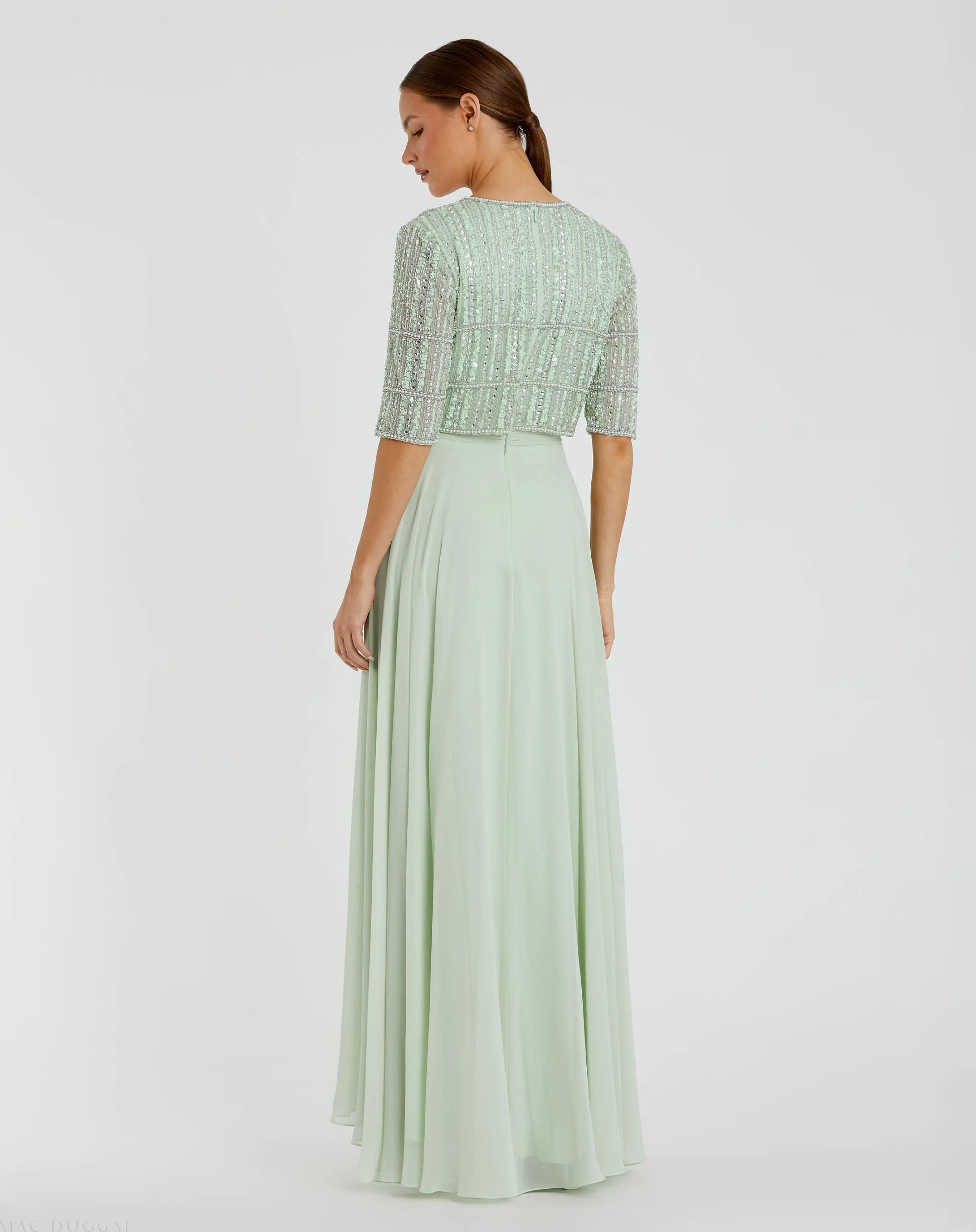 Green Chiffon Gown w/ Fully Beaded 3/4 Sleeve Top - Image 3