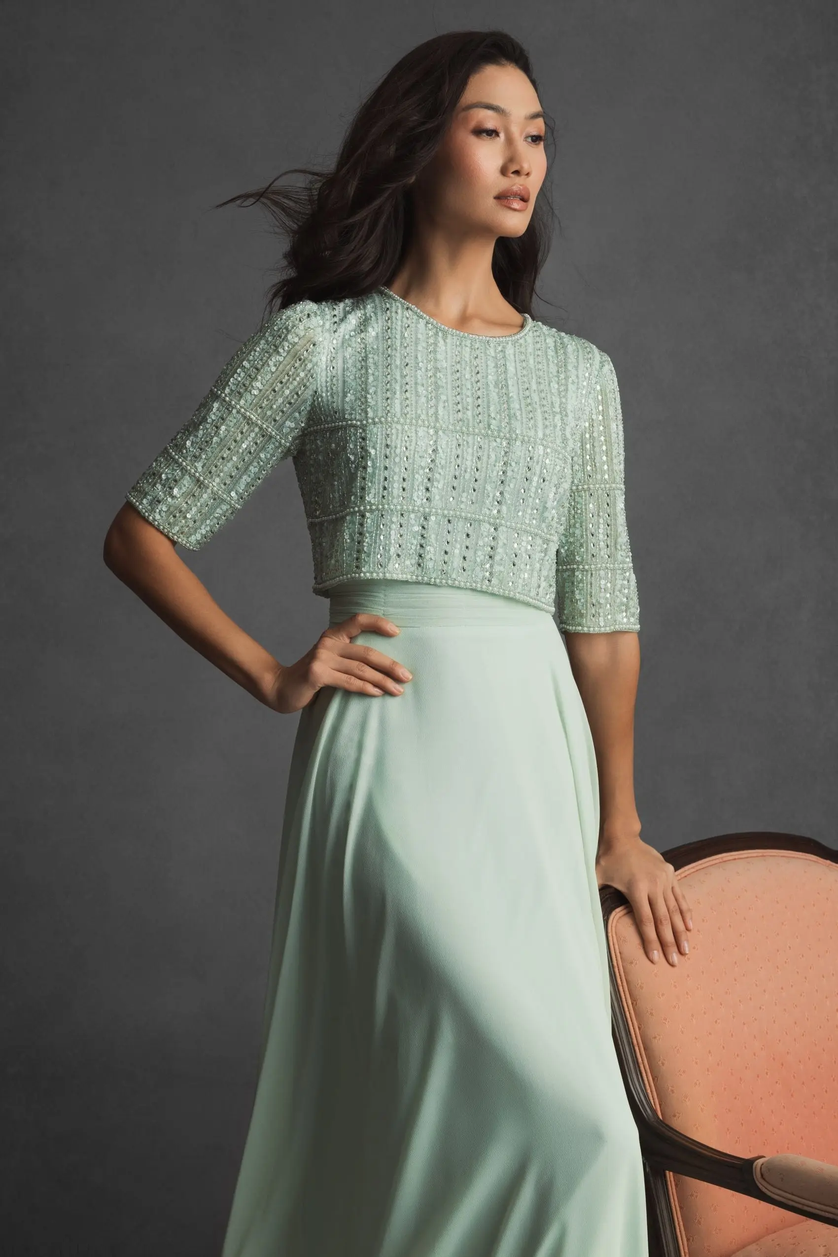 Green Chiffon Gown w/ Fully Beaded 3/4 Sleeve Top - Image 6