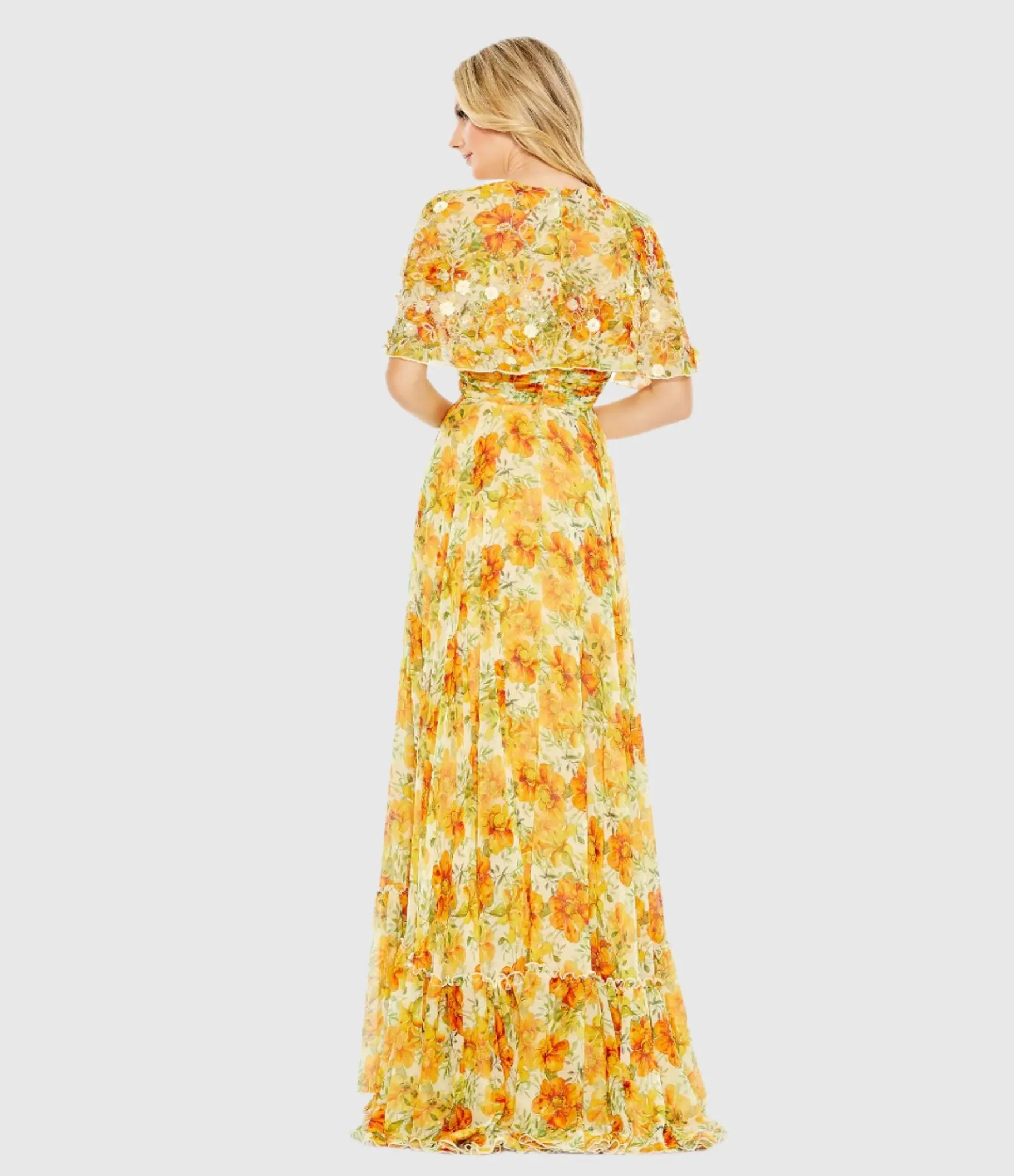 Yellow High Neck A-Line Floral Gown with Cape Sleeves - FINAL SALE - Image 3