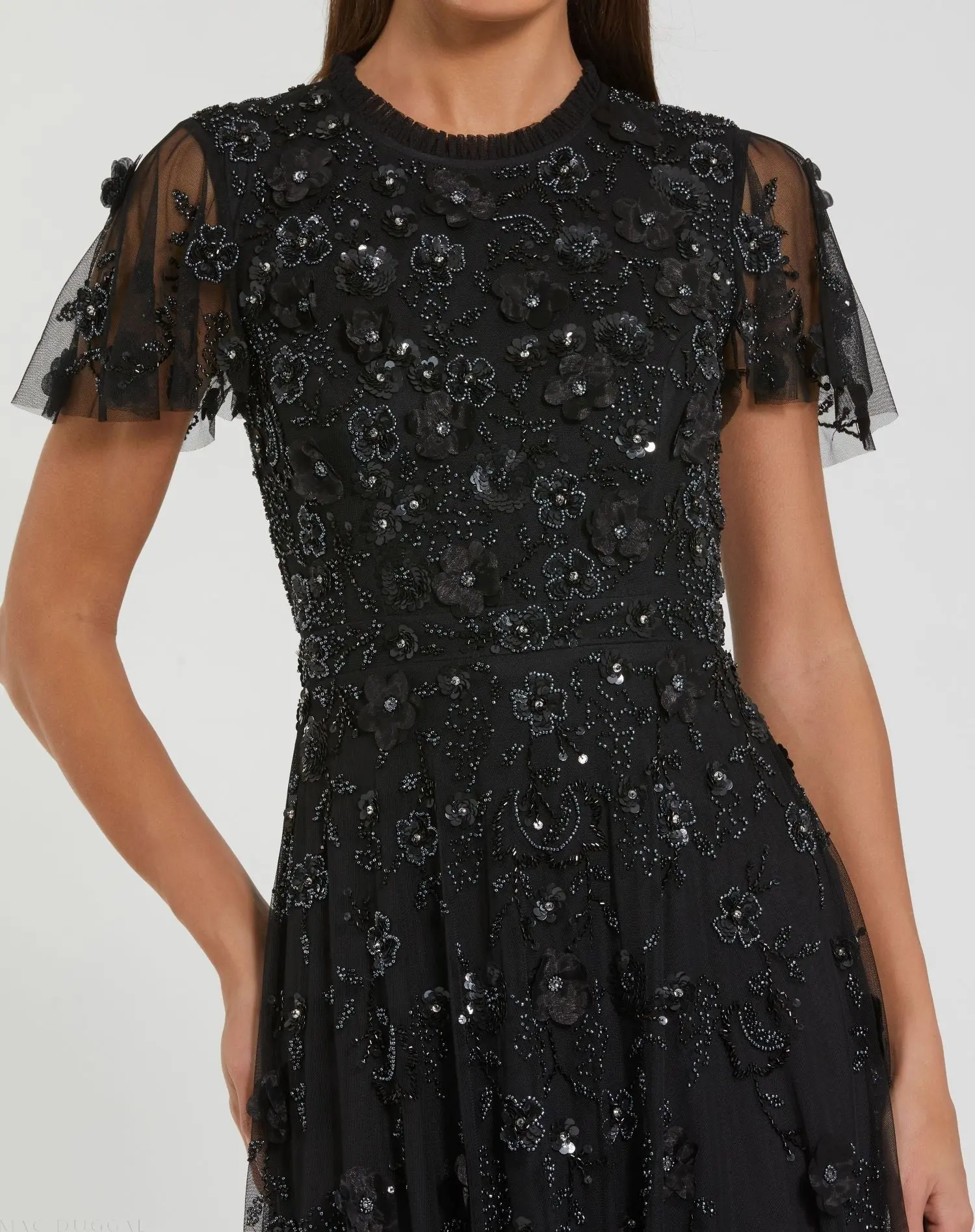 Black Embellished High Neck Flutter Sleeve A Line Dress - Image 2