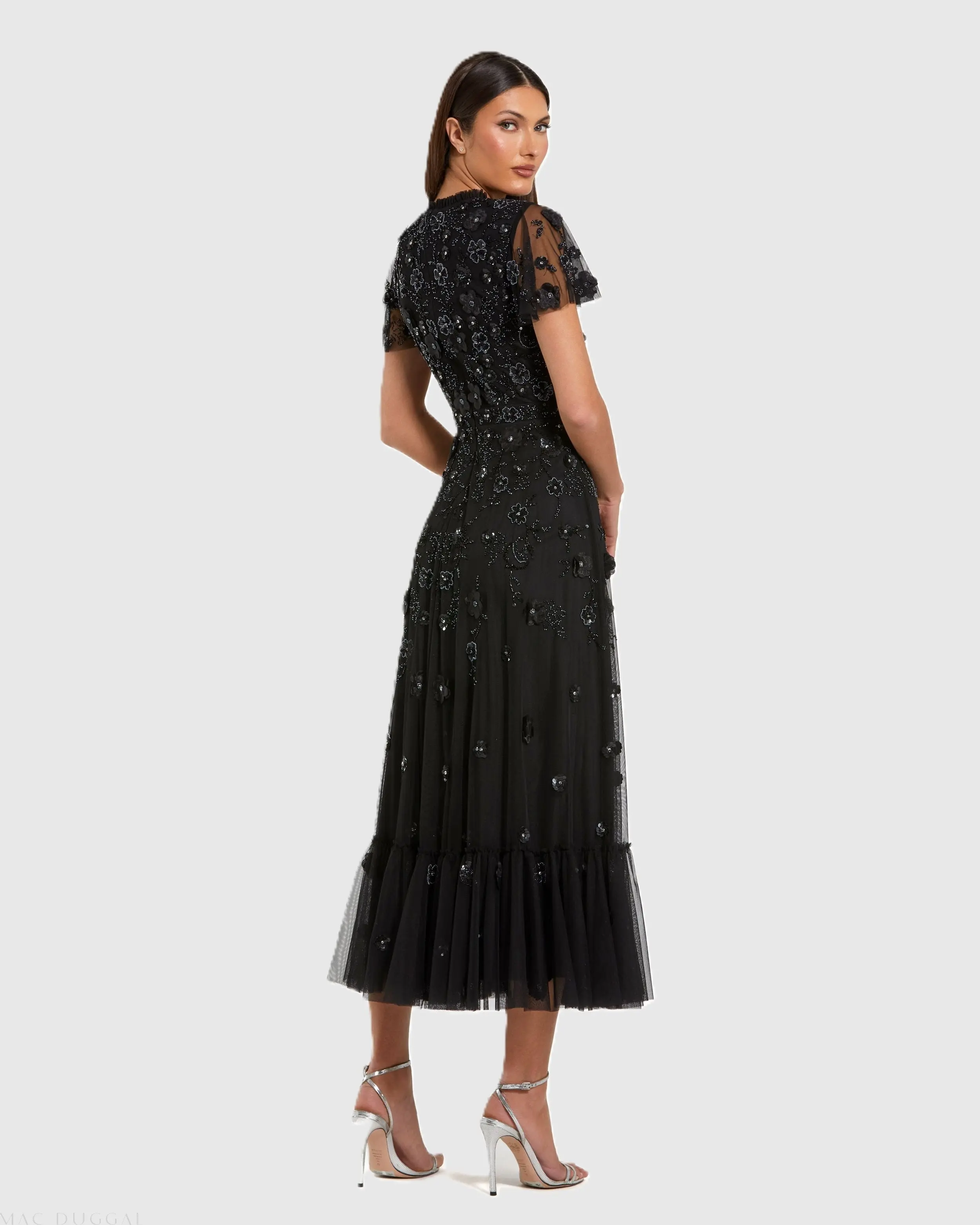 Black Embellished High Neck Flutter Sleeve A Line Dress - Image 3