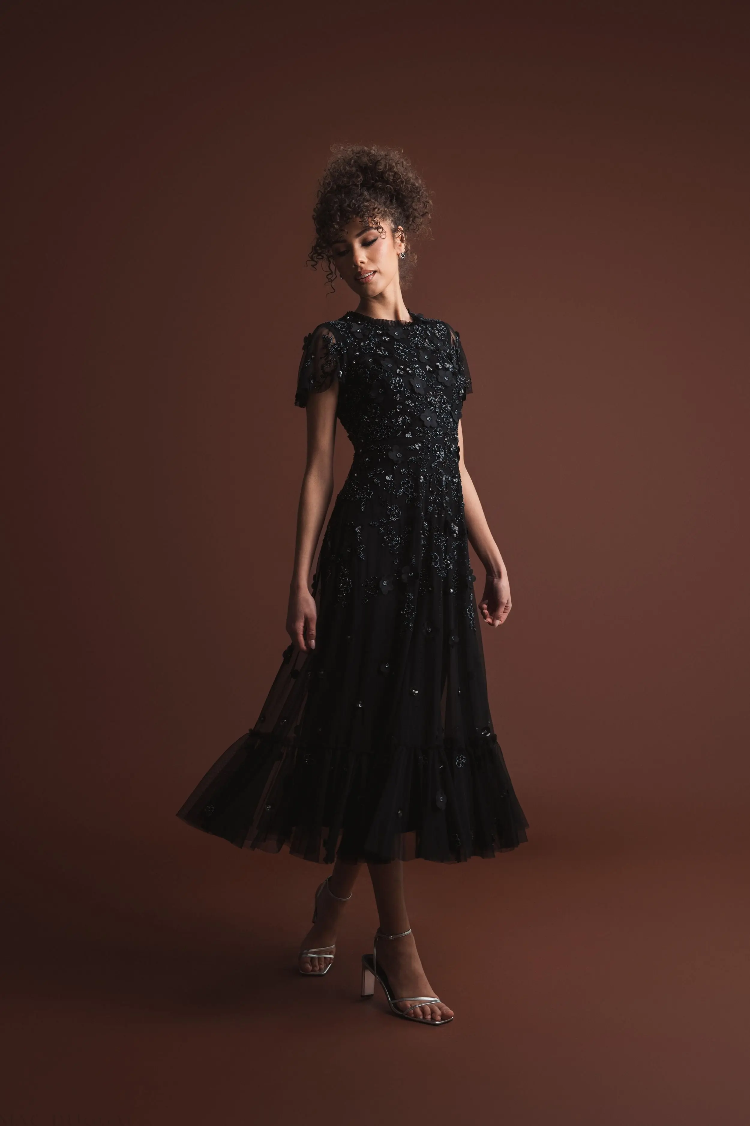 Black Embellished High Neck Flutter Sleeve A Line Dress - Image 4