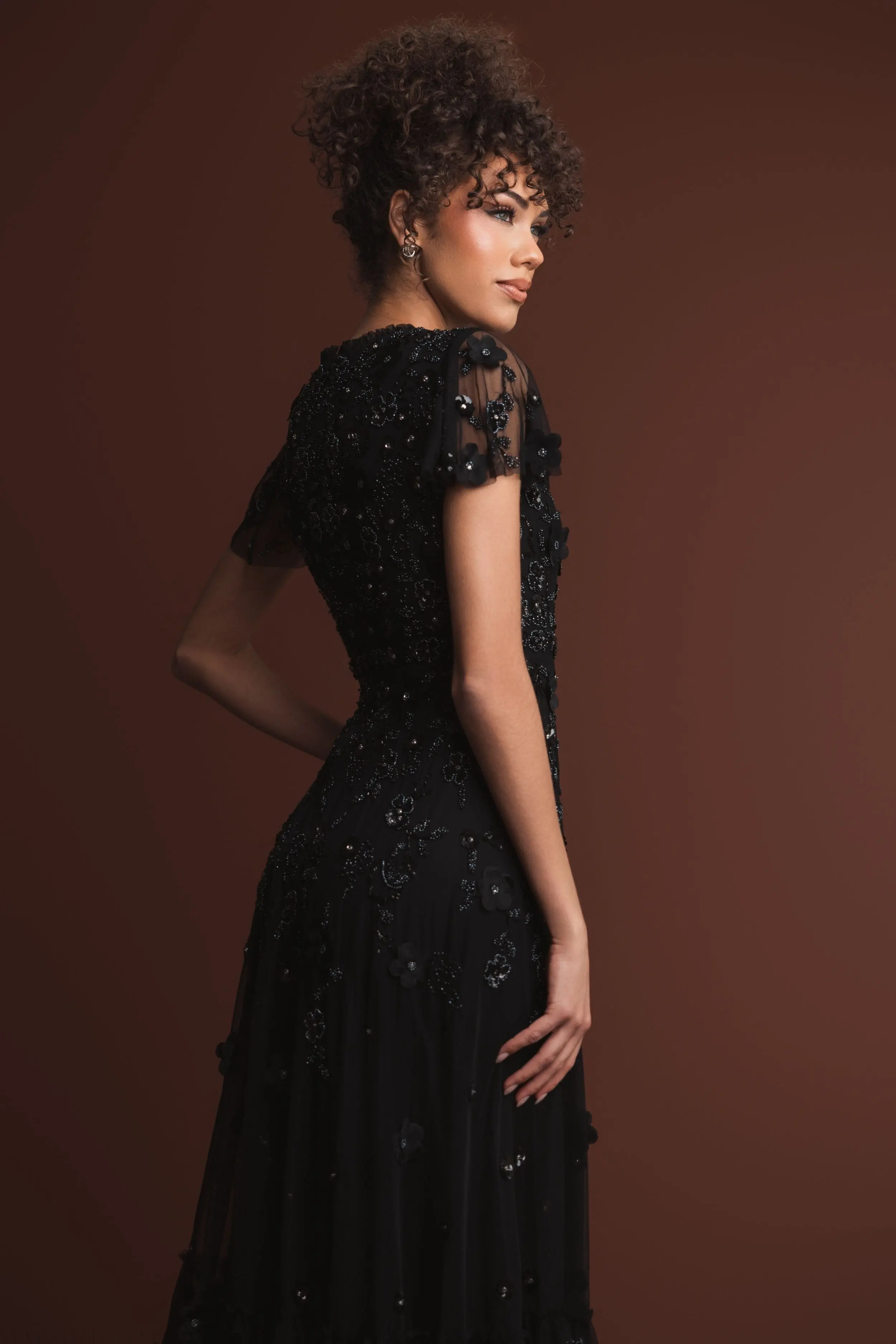 Black Embellished High Neck Flutter Sleeve A Line Dress - Image 6