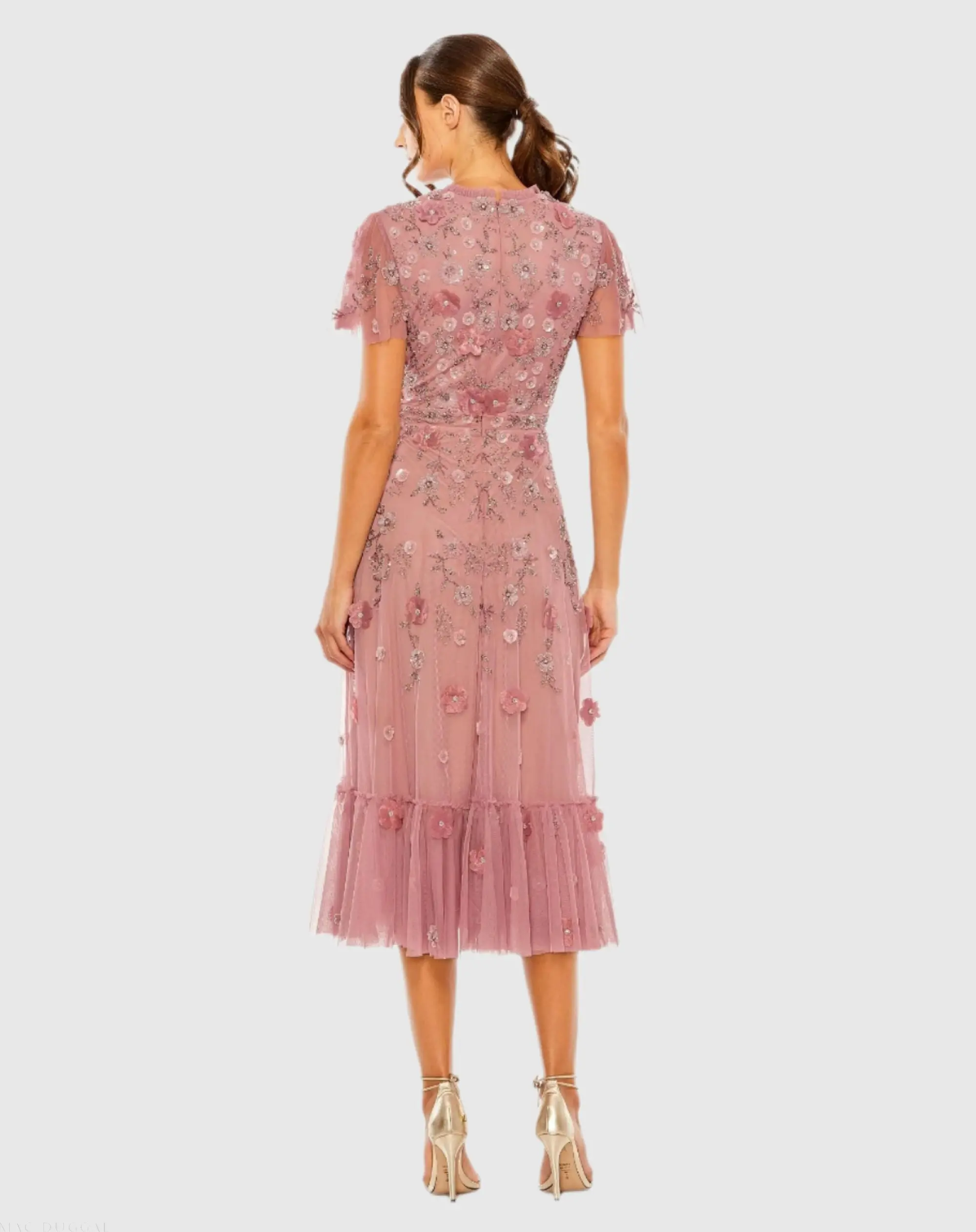 Pink Embellished High Neck Flutter Sleeve A Line Dress - Image 3