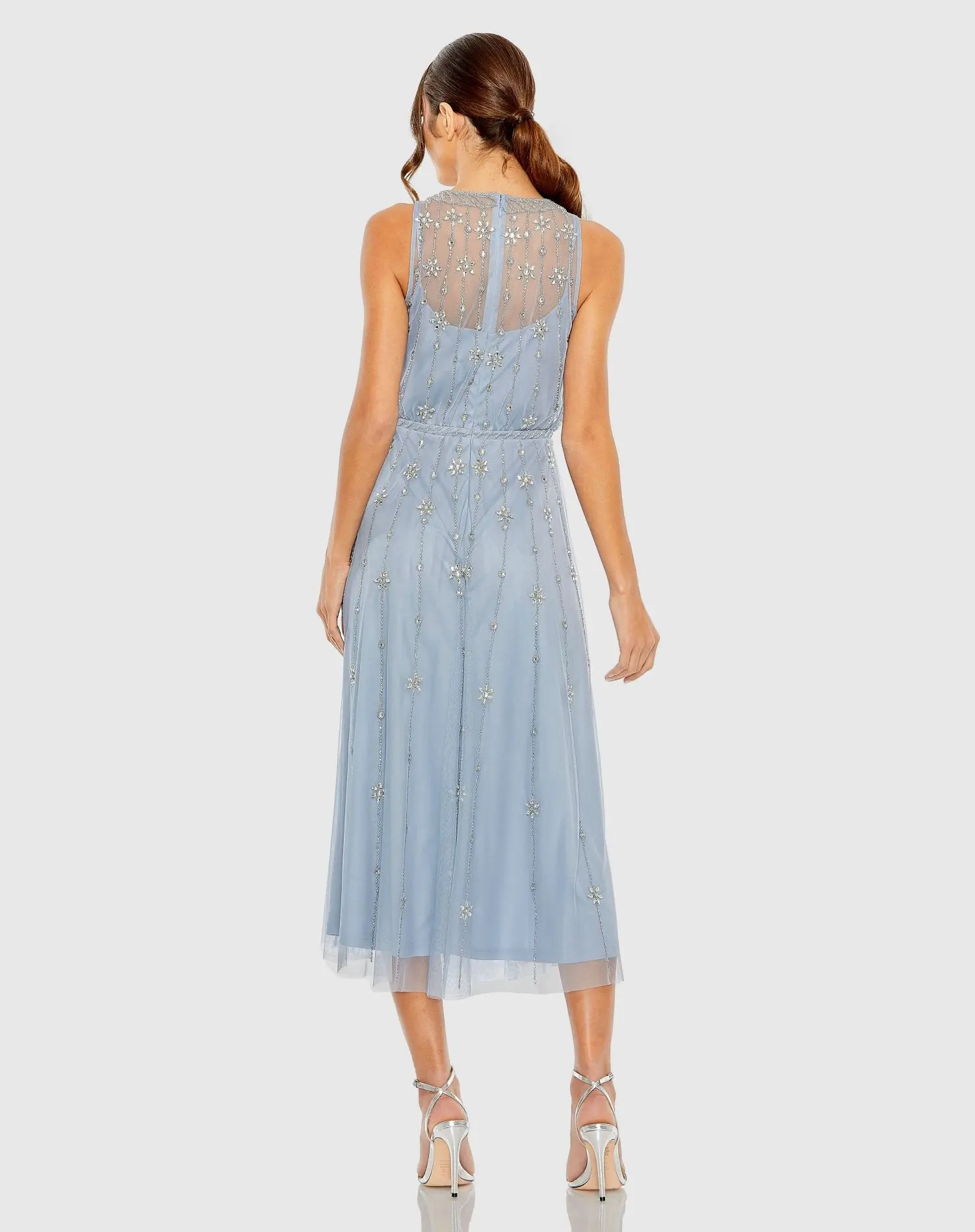 Blue High Neck Sleeveless Embellished A Line Cocktail Dress - Image 3