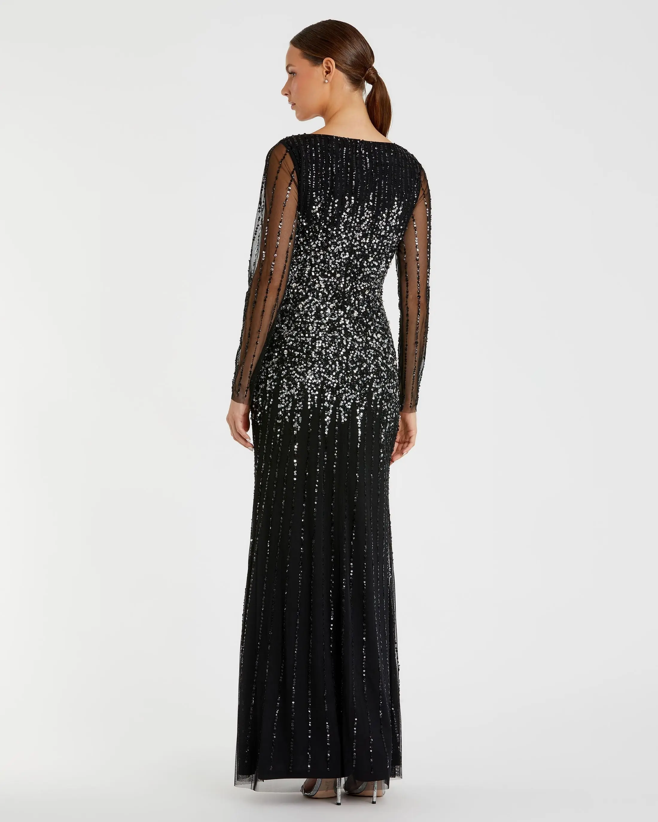 Black Boat Neck Sequin Embellished Long Sleeve A Line Gown - Image 3