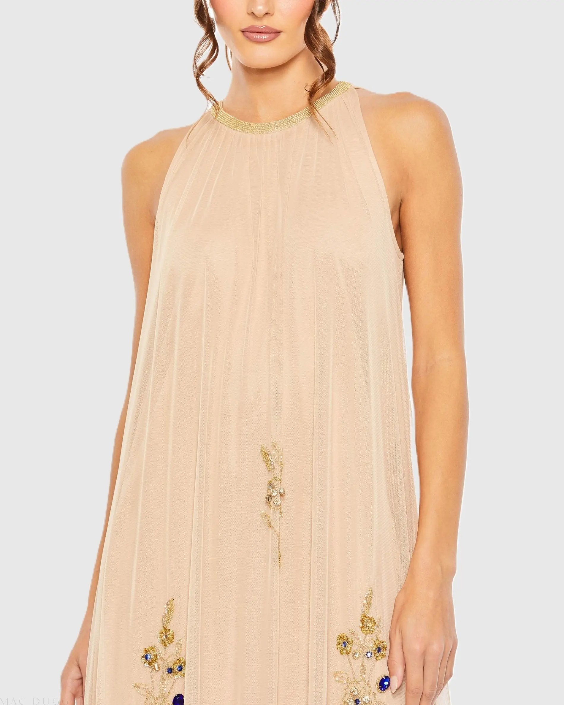 Beige High Neck Floral Embellished Trapeze Gown - Image 2