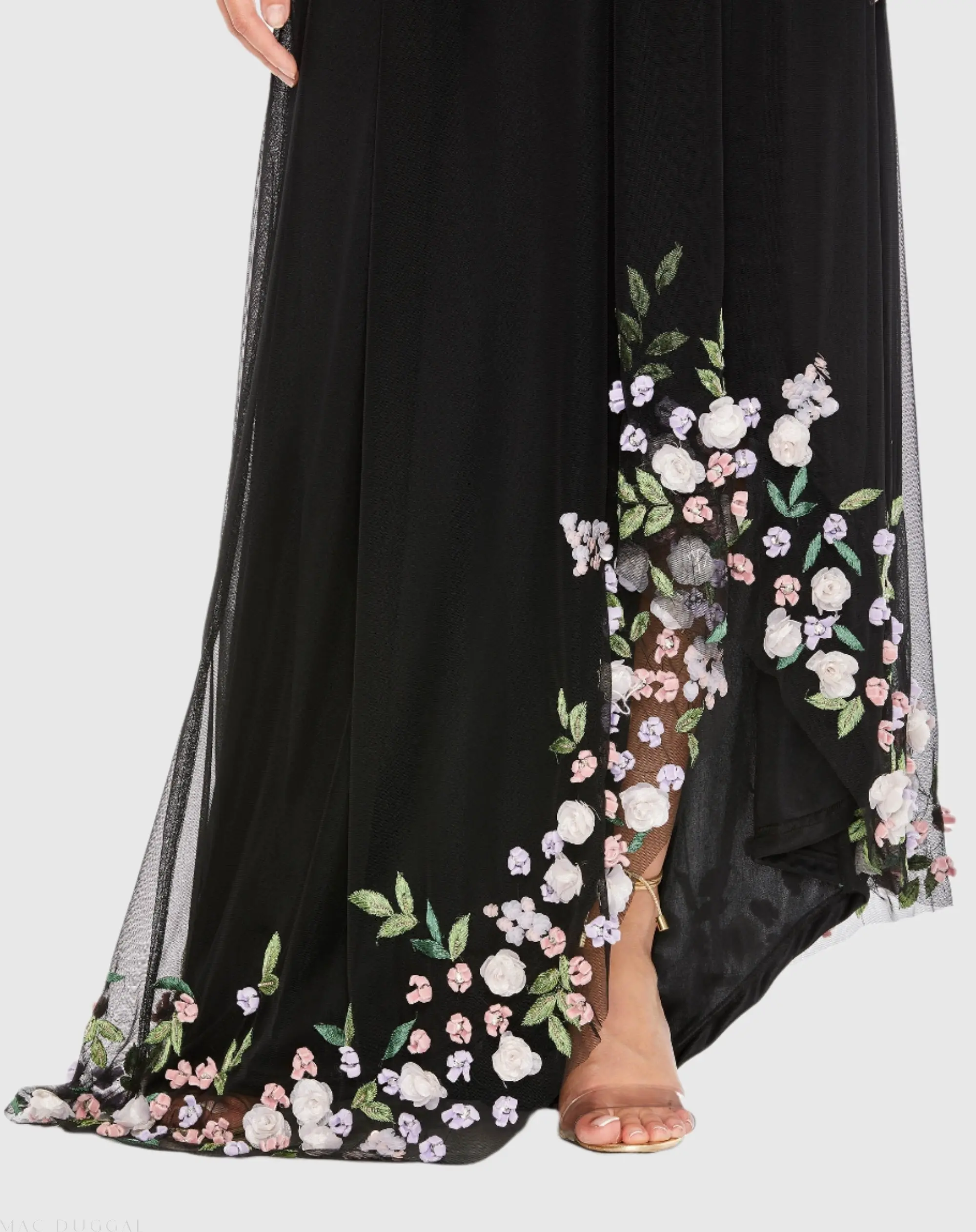 Black One Shoulder Trapeze Embellished High Low Gown - Image 2