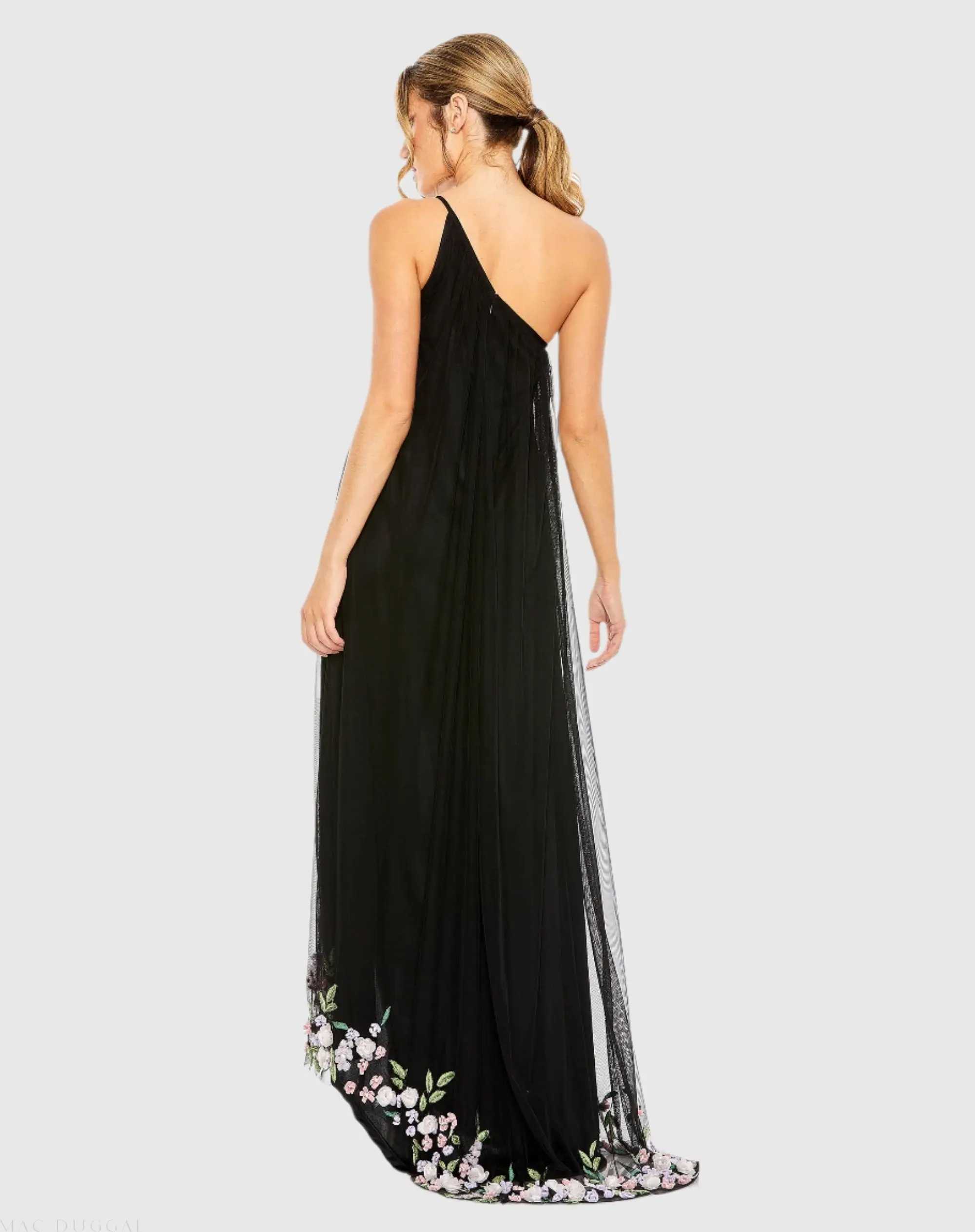 Black One Shoulder Trapeze Embellished High Low Gown - Image 3