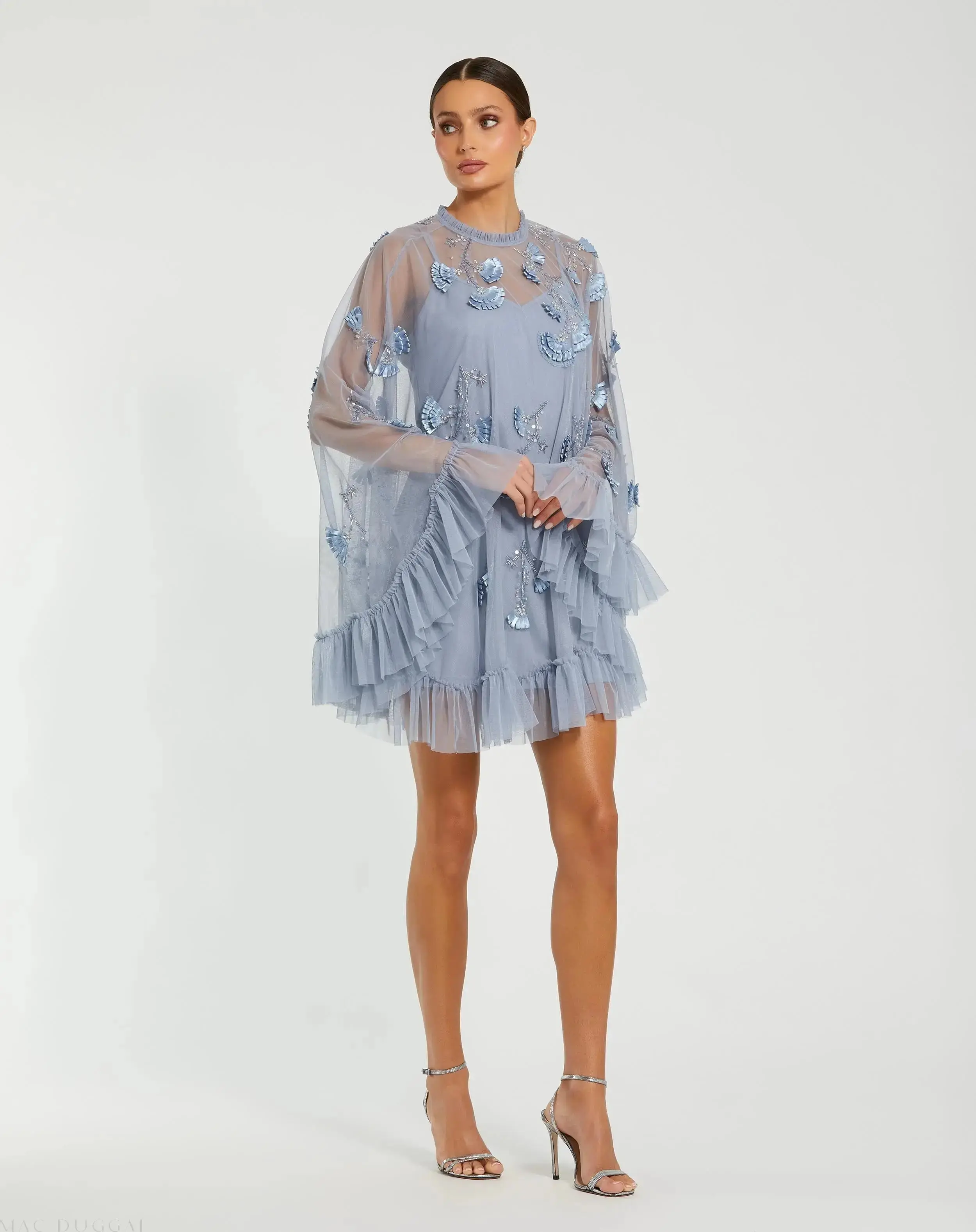 Embellished Long Flare Sleeve Mesh A-Line Dress - Image 2