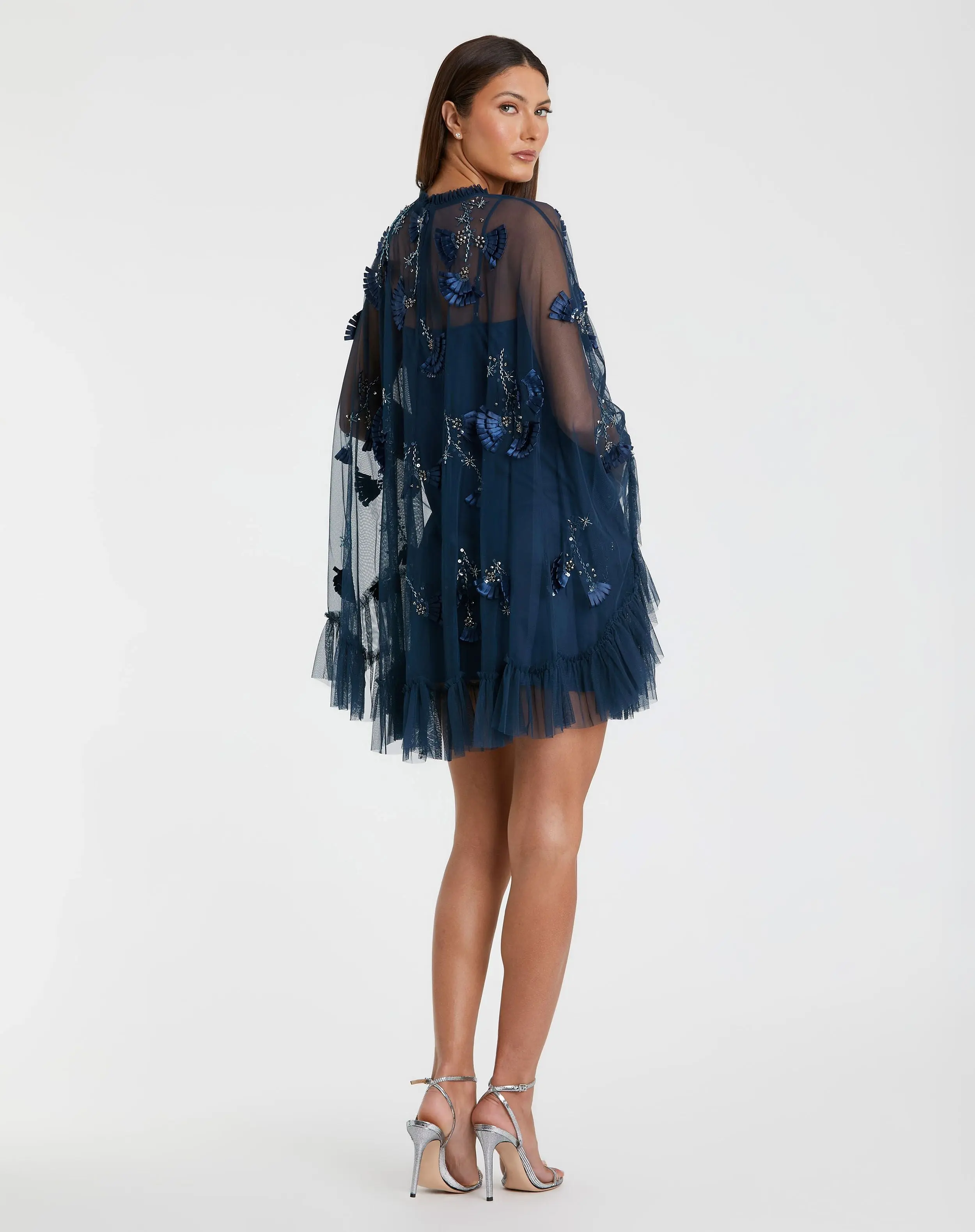 Navy Embellished Long Sleeve Trapeze Dress with Ruffle Hem - Image 3