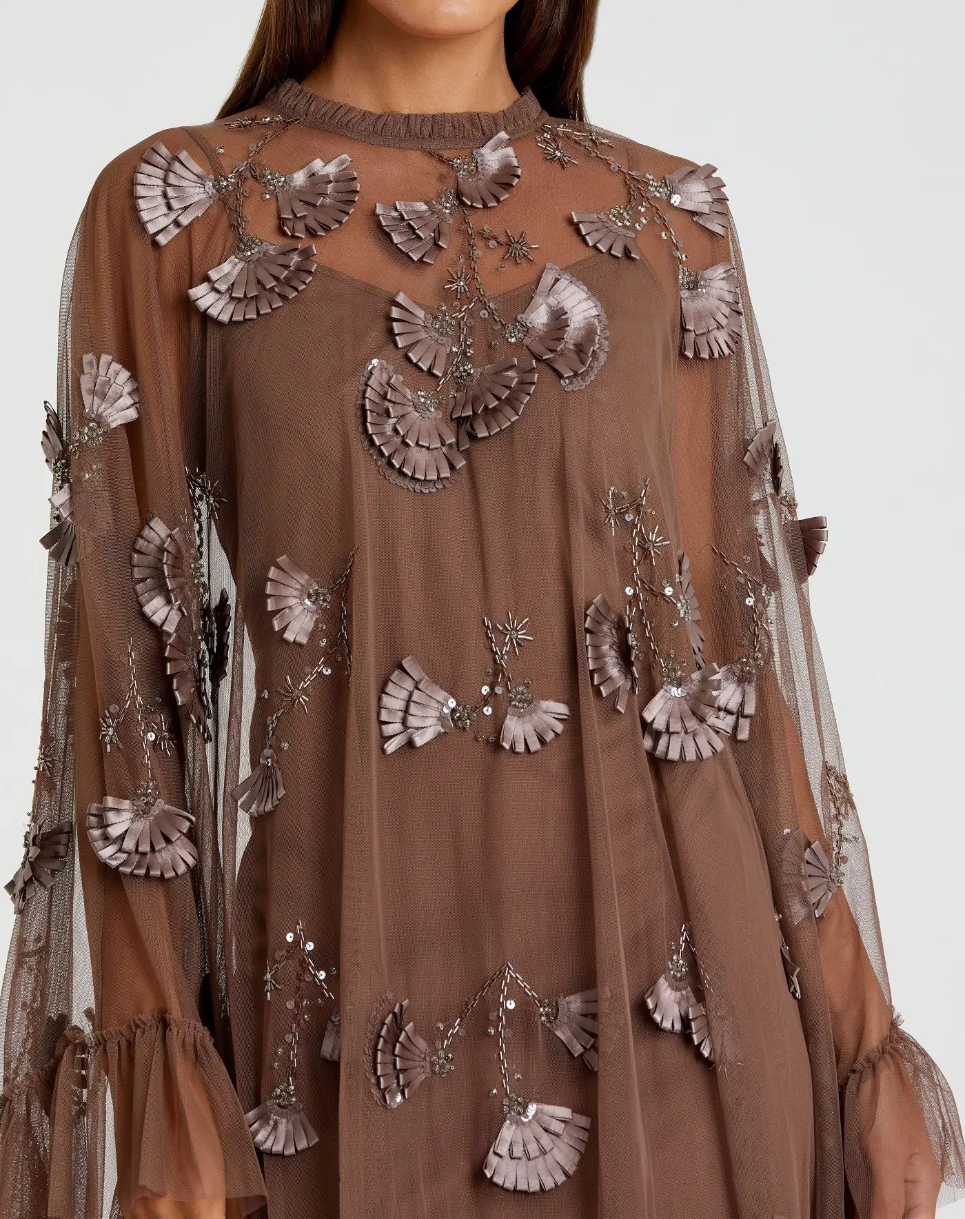 Brown Embellished Long Sleeve Trapeze Dress with Ruffle Hem - Image 2