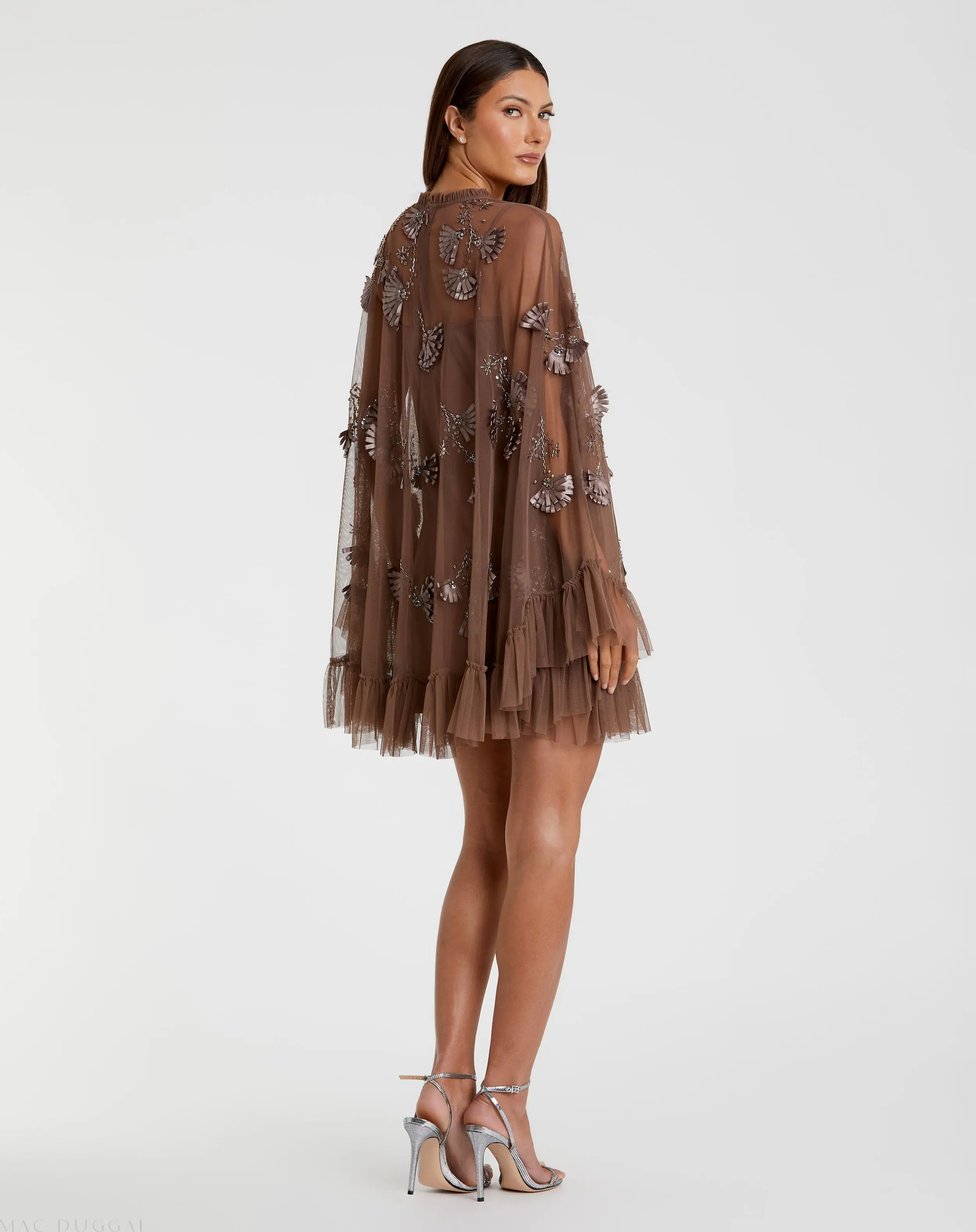 Brown Embellished Long Sleeve Trapeze Dress with Ruffle Hem - Image 3
