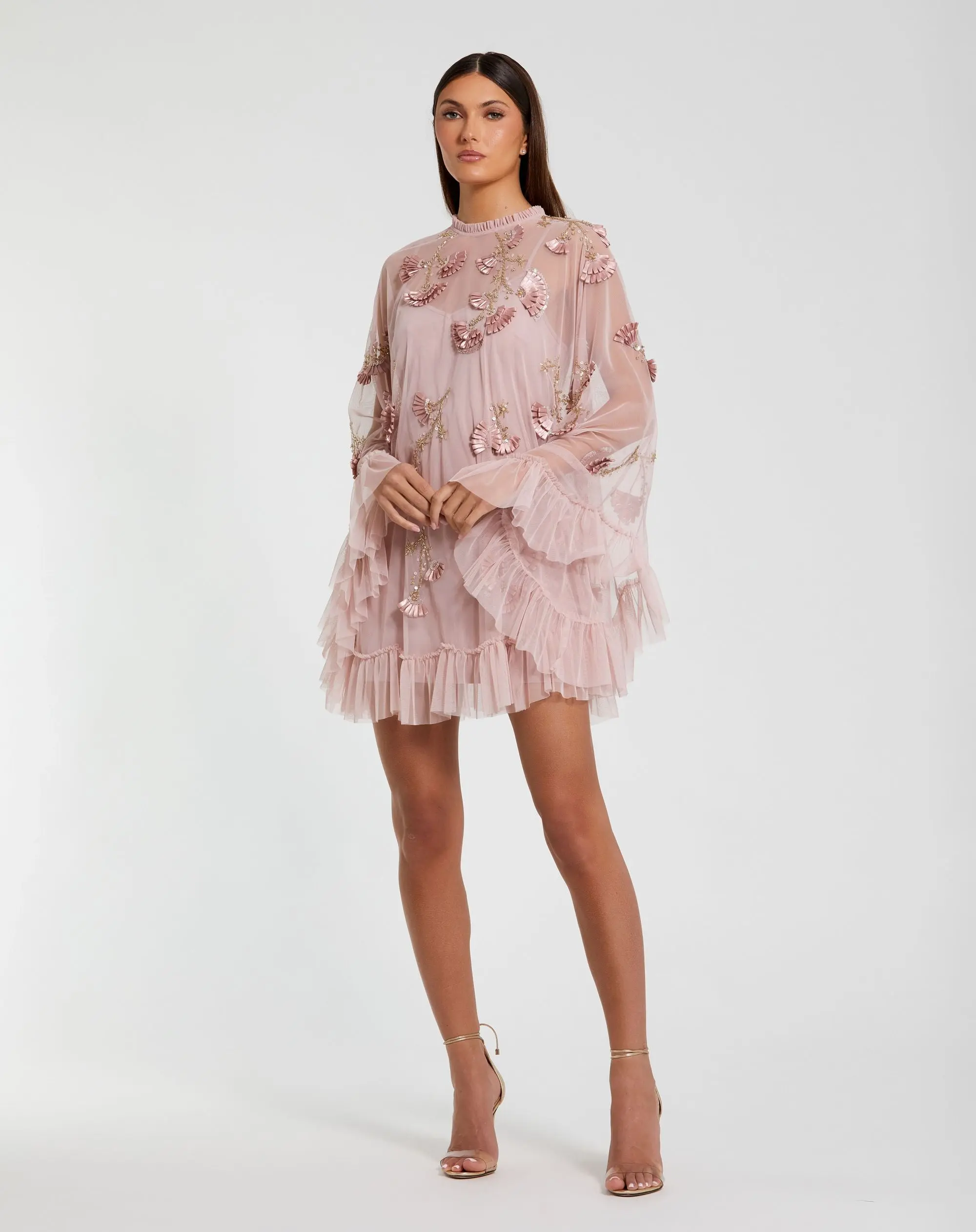 Embellished Long Flare Sleeve Mesh A-Line Dress
