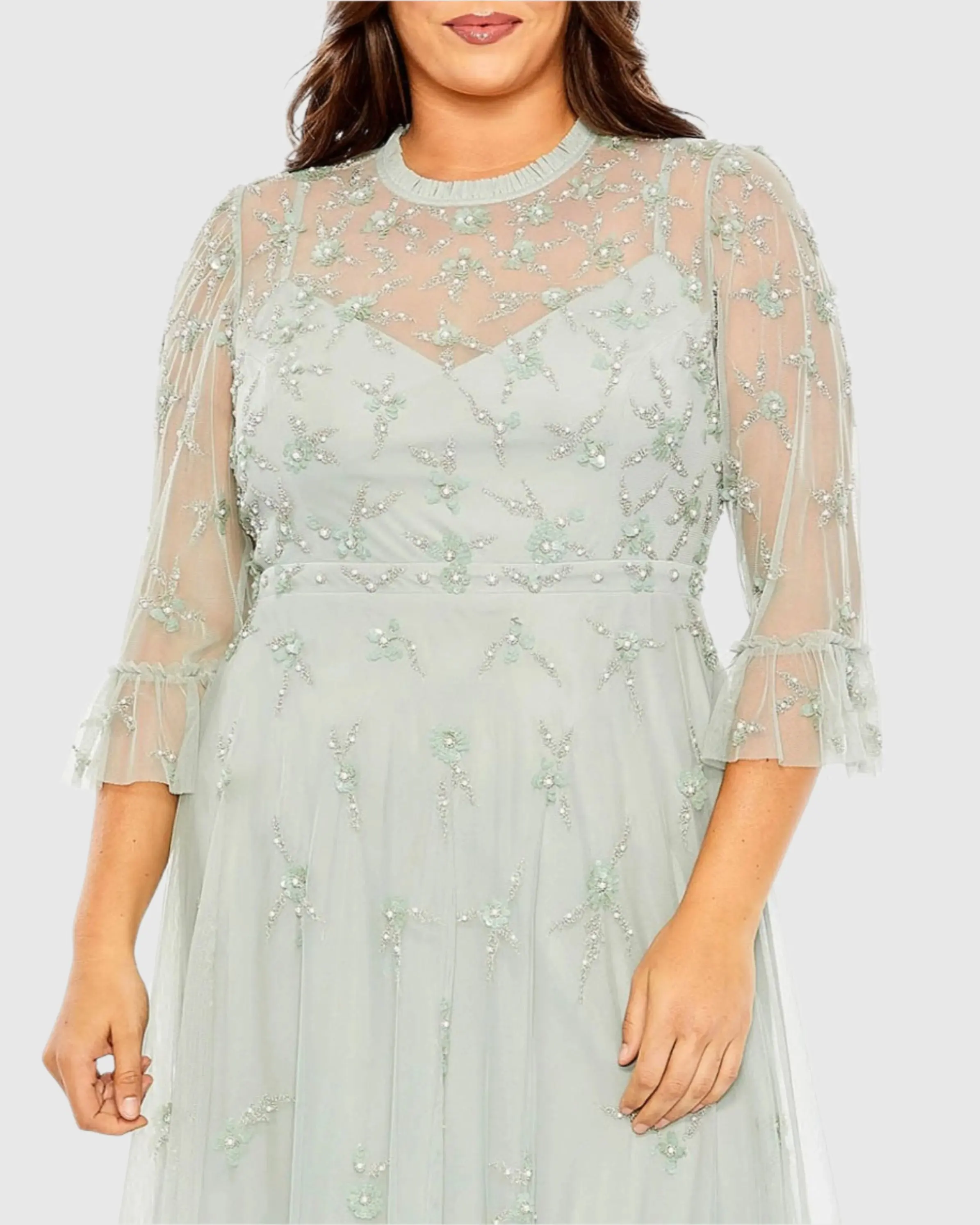 Embellished High Neck Sage Green Dress (Plus) - Image 2