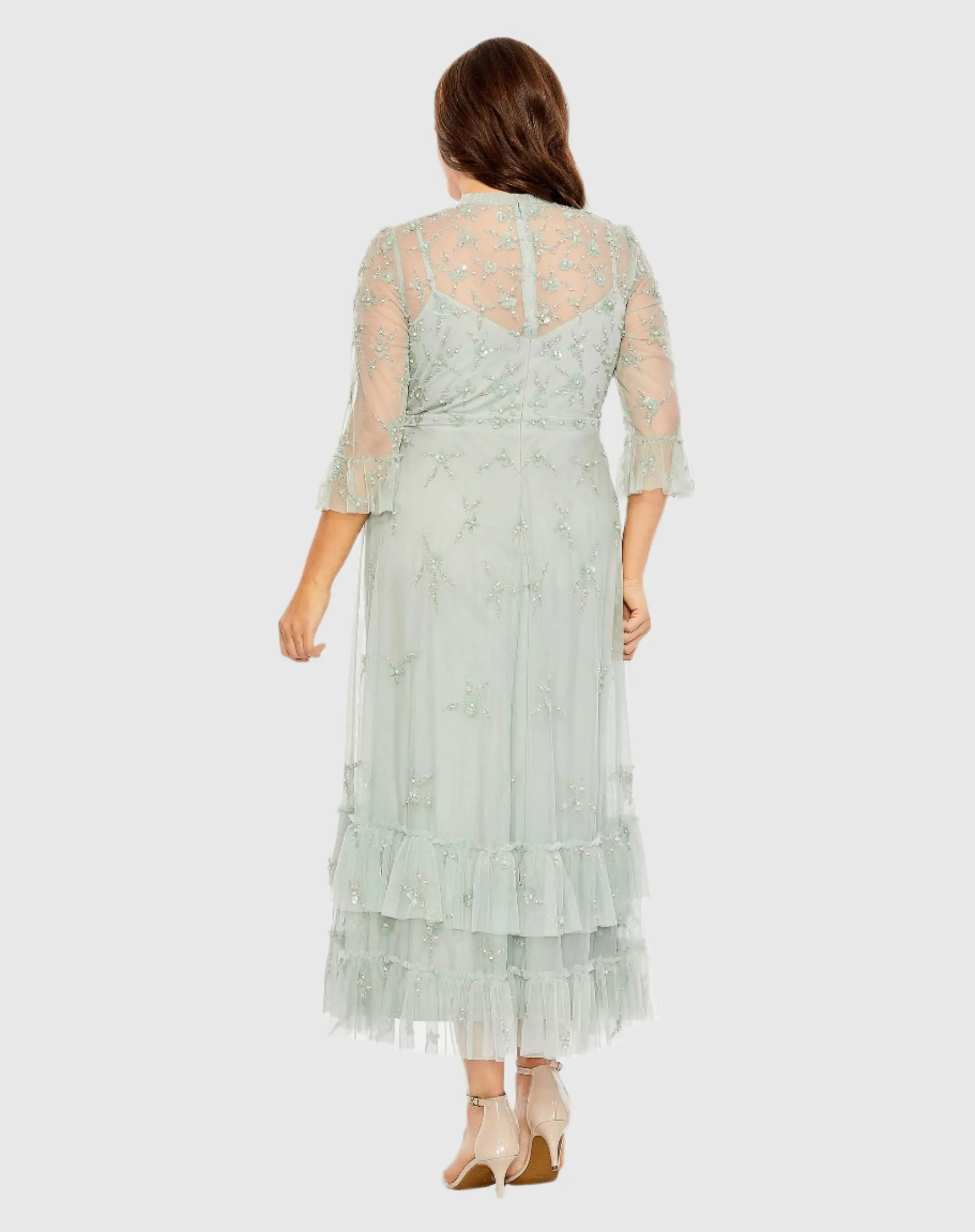 Embellished High Neck Sage Green Dress (Plus) - Image 3