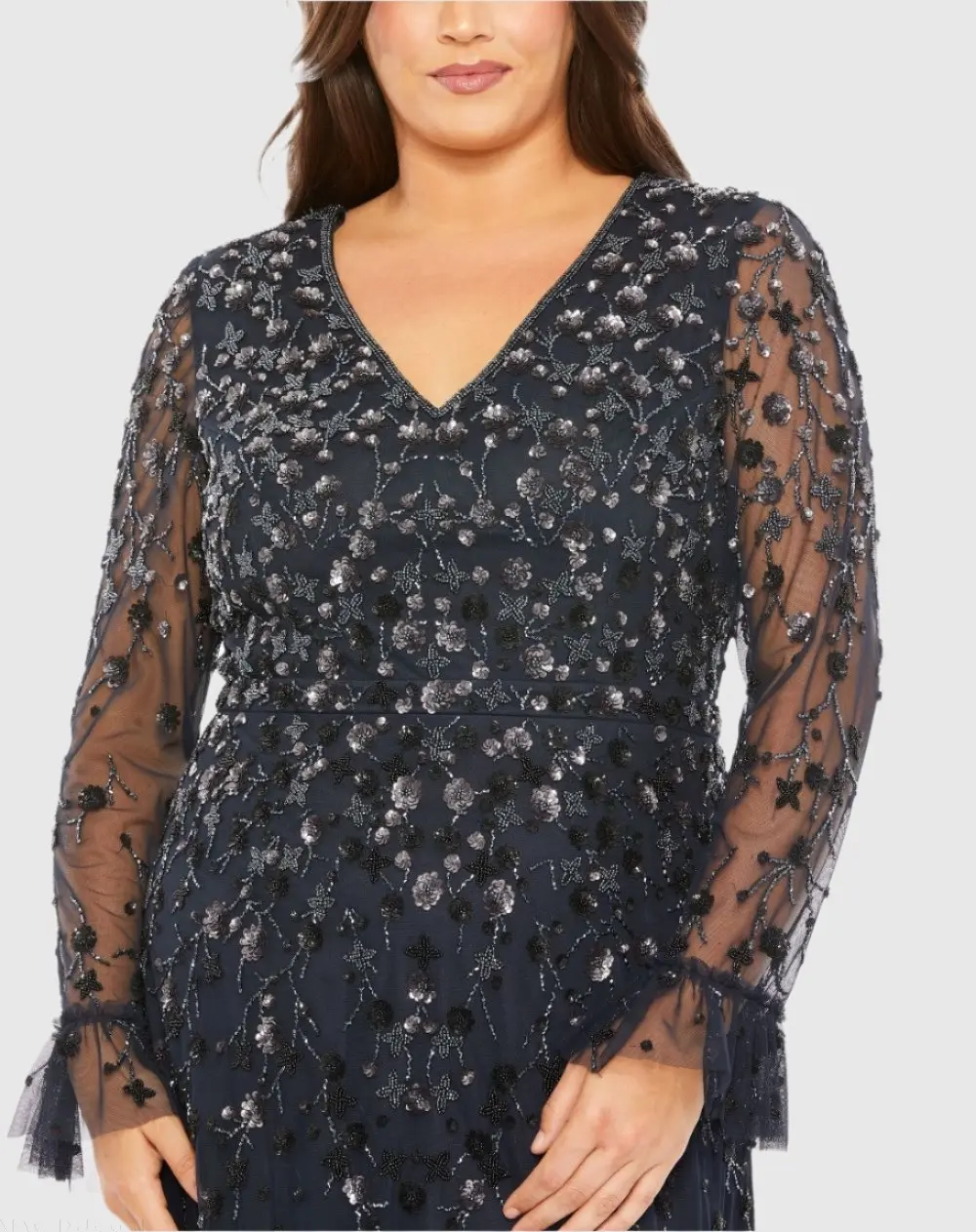 Navy V-Neck Embellished Long Flutter Sleeve Gown - Image 2