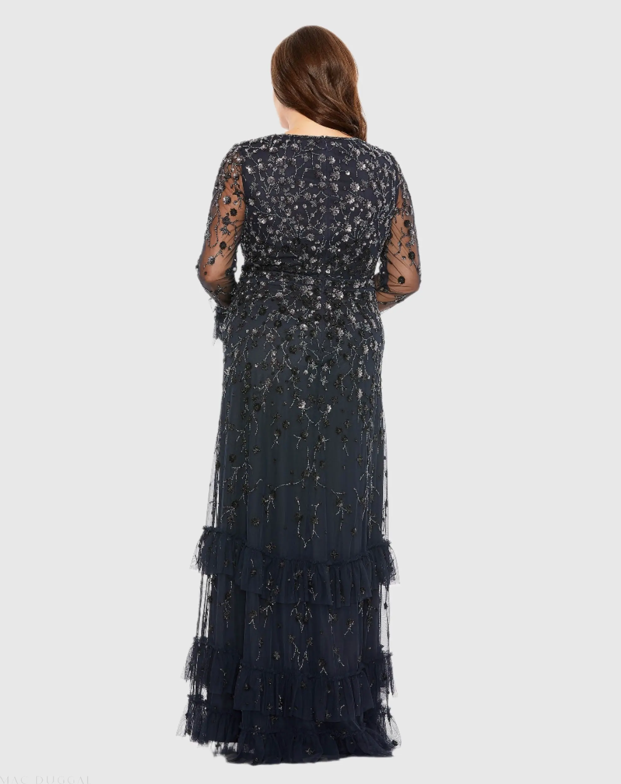 Navy V-Neck Embellished Long Flutter Sleeve Gown - Image 3