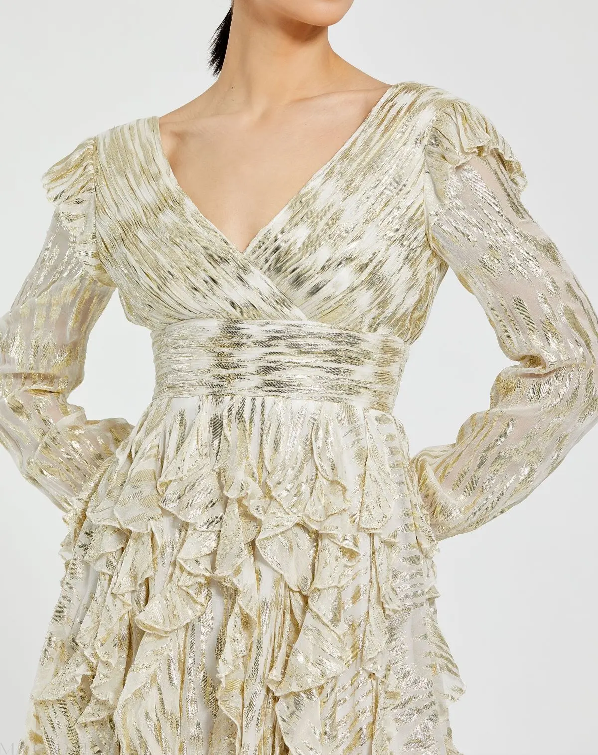 White and Gold Long Sleeve Ruffle Mini Dress - Image 2