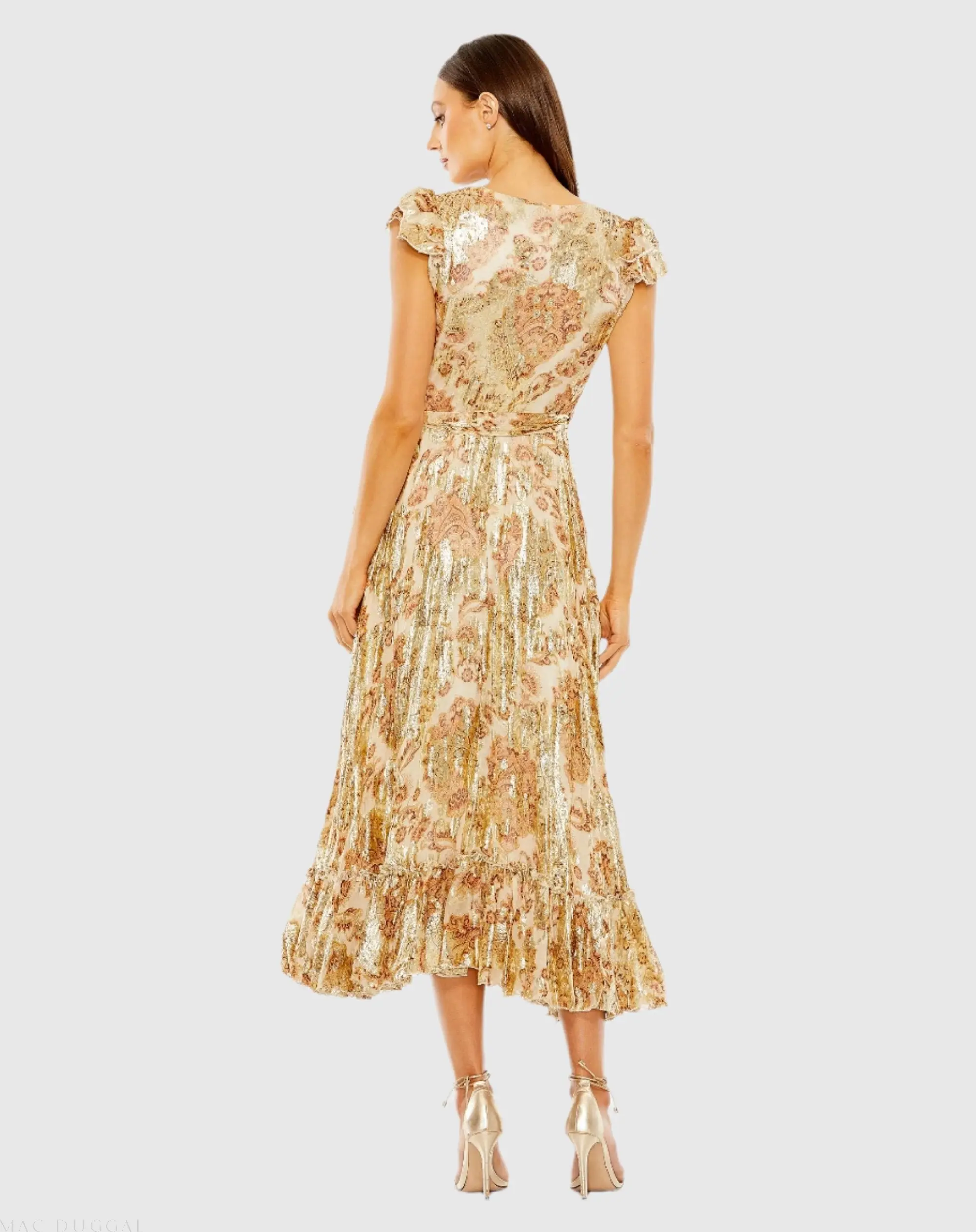 Beige Flutter Sleeve Floral Dress with Wrap Detail - Image 3