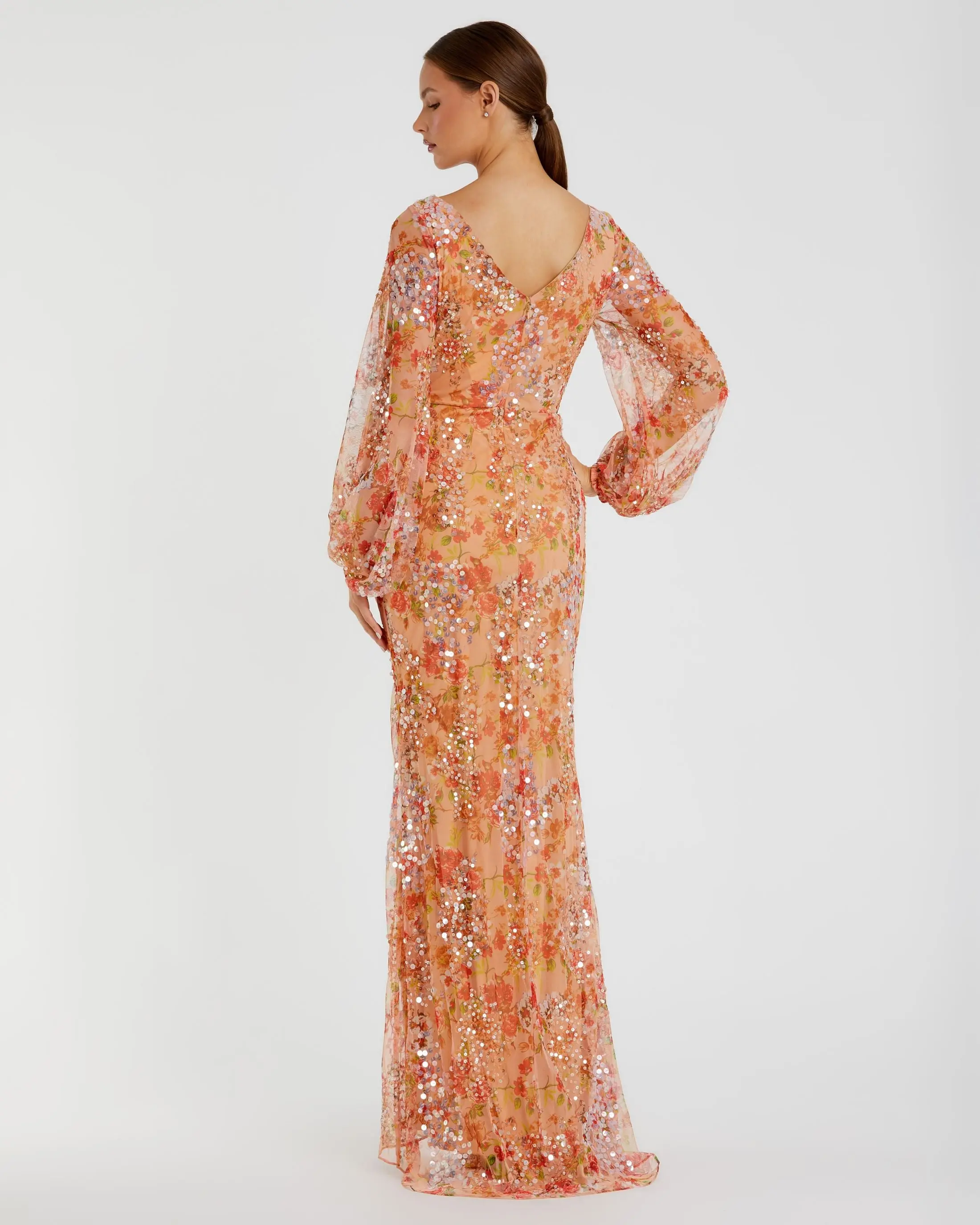 Orange Floral Print Sequined Puff Sleeve Gown - FINAL SALE - Image 3