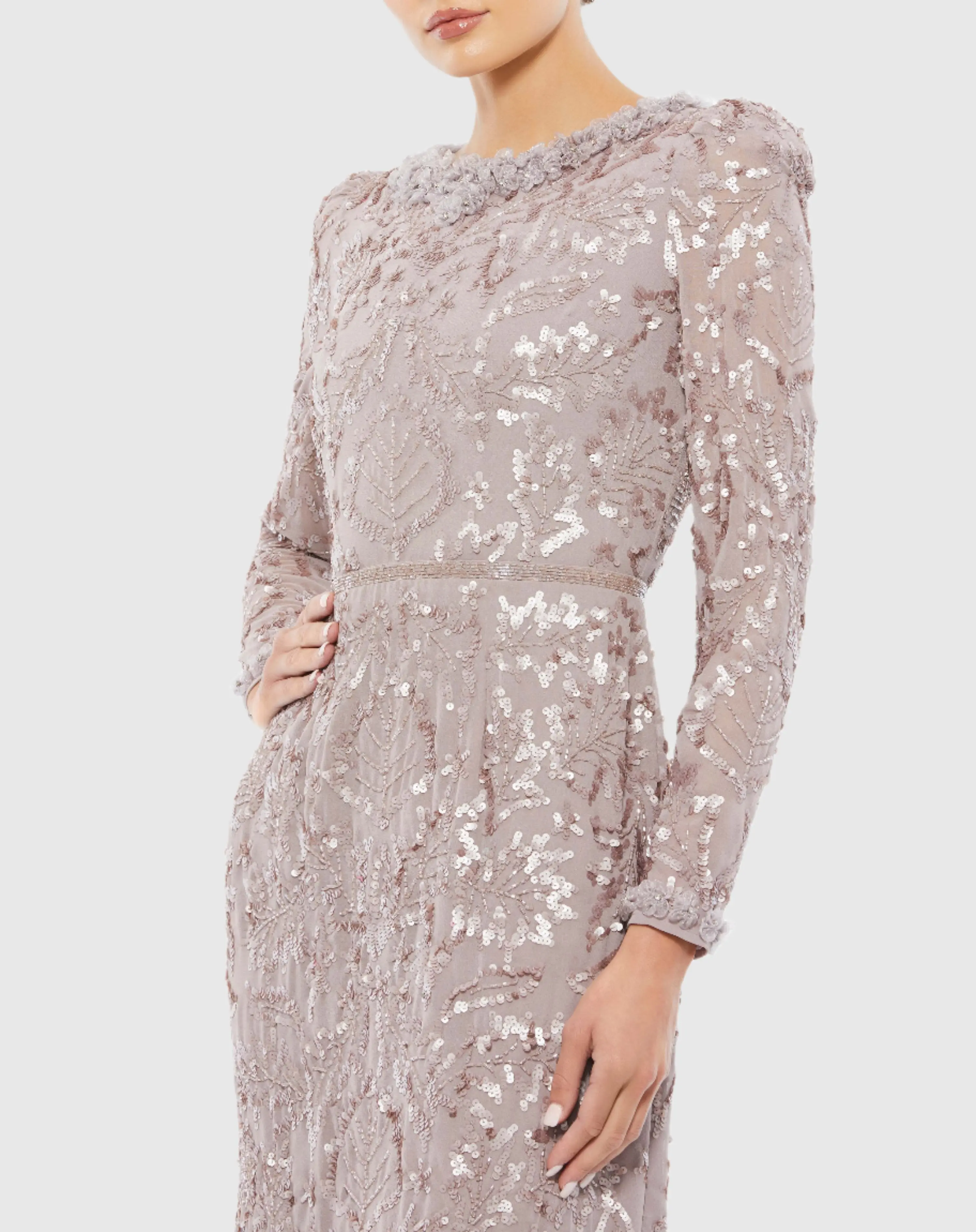 Light Purple Embellished High Neck Puff Sleeve Midi Sheath Dress - Image 2
