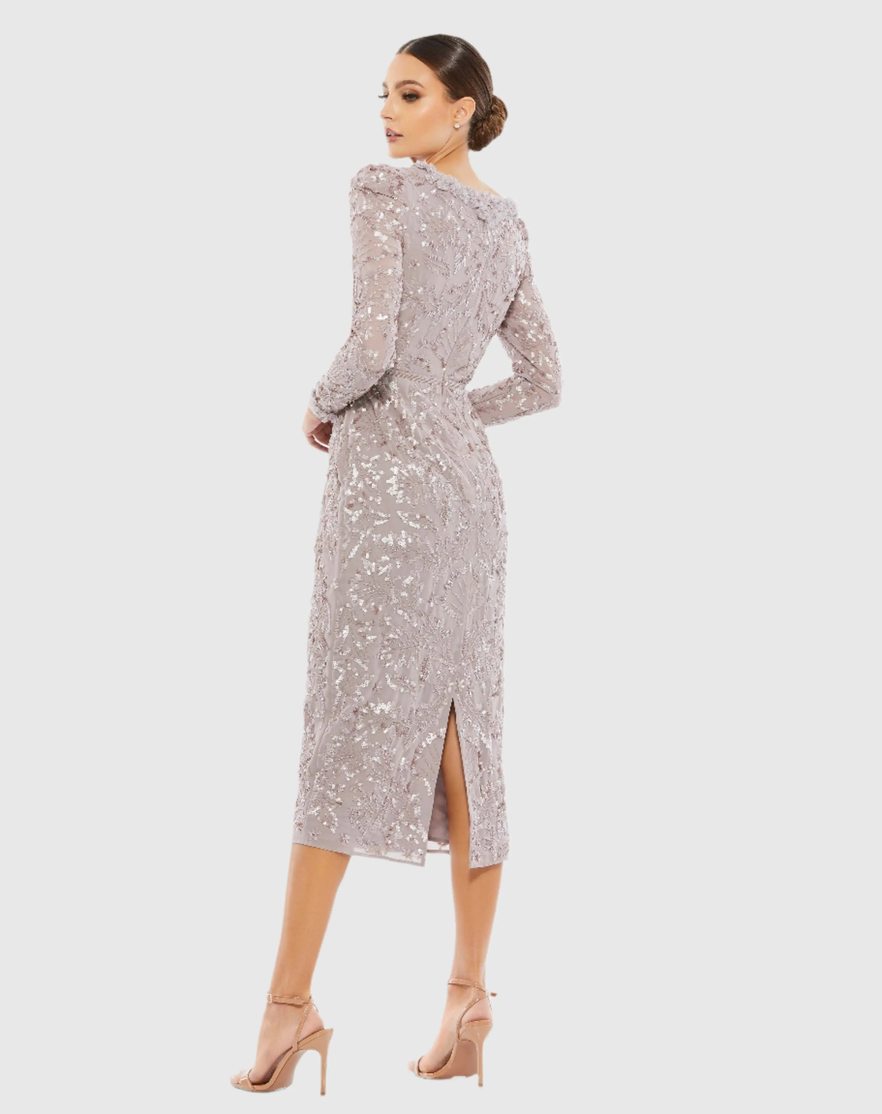 Light Purple Embellished High Neck Puff Sleeve Midi Sheath Dress - Image 3