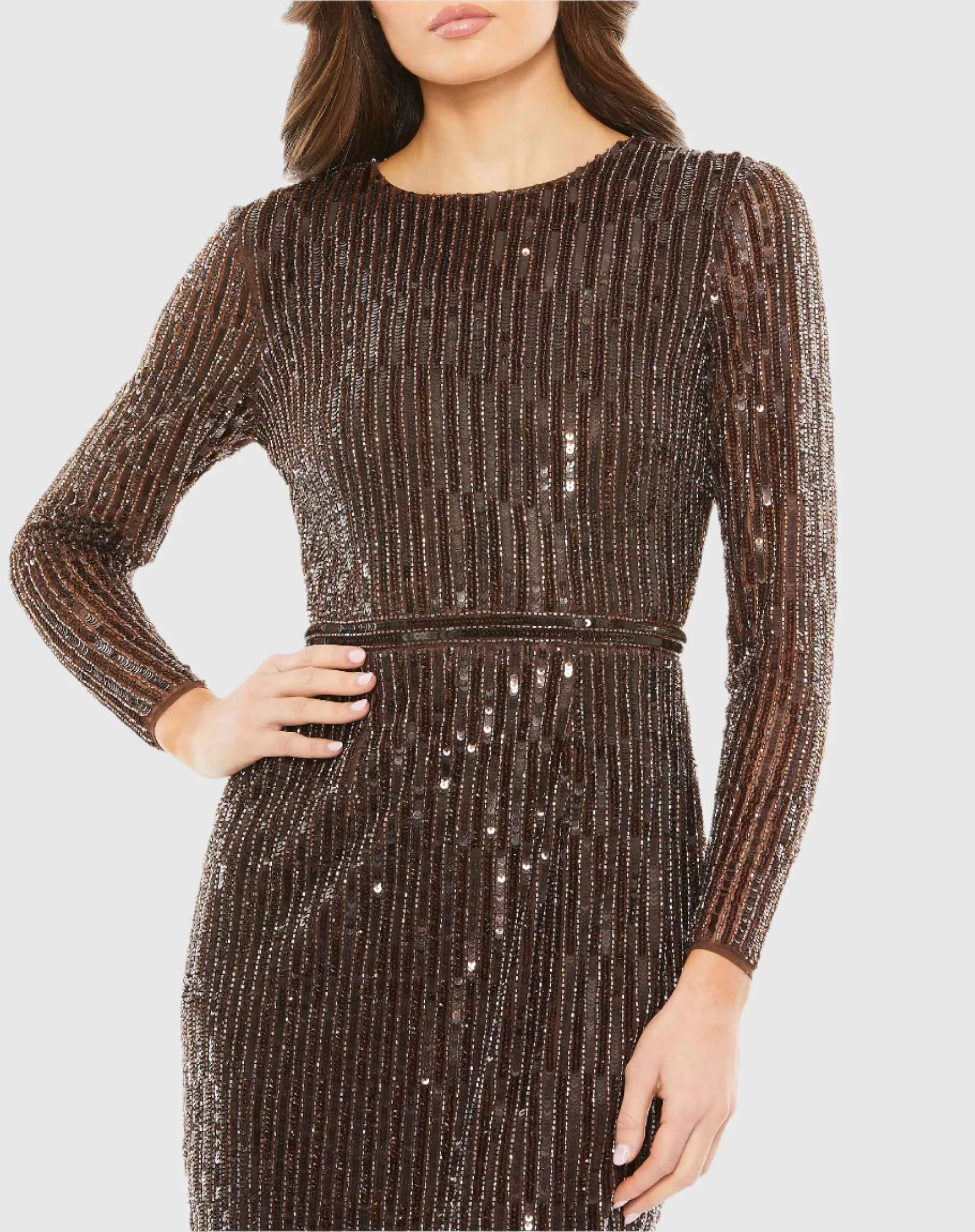 Brown Long Sleeve Sequin Mini Dress - Image 2