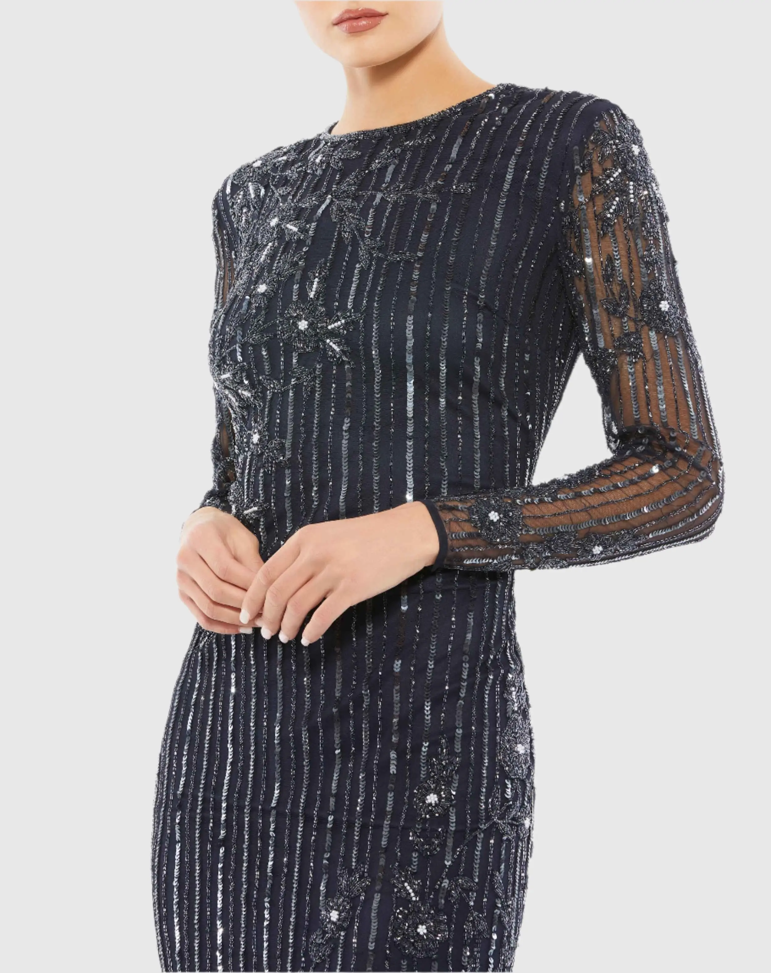 Navy Embellished High Neck Illusion Long Sleeve Gown - Image 2