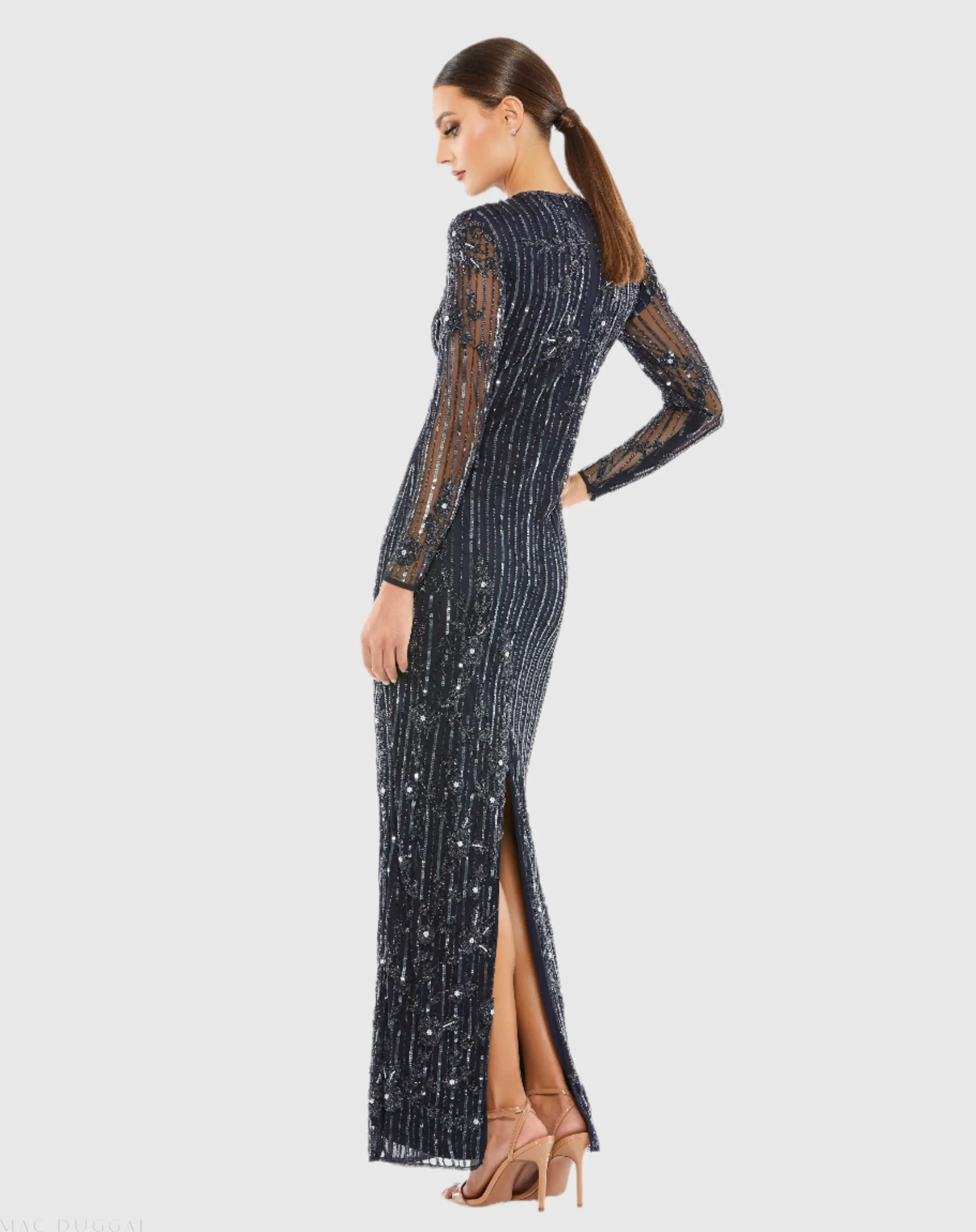 Navy Embellished High Neck Illusion Long Sleeve Gown - Image 3