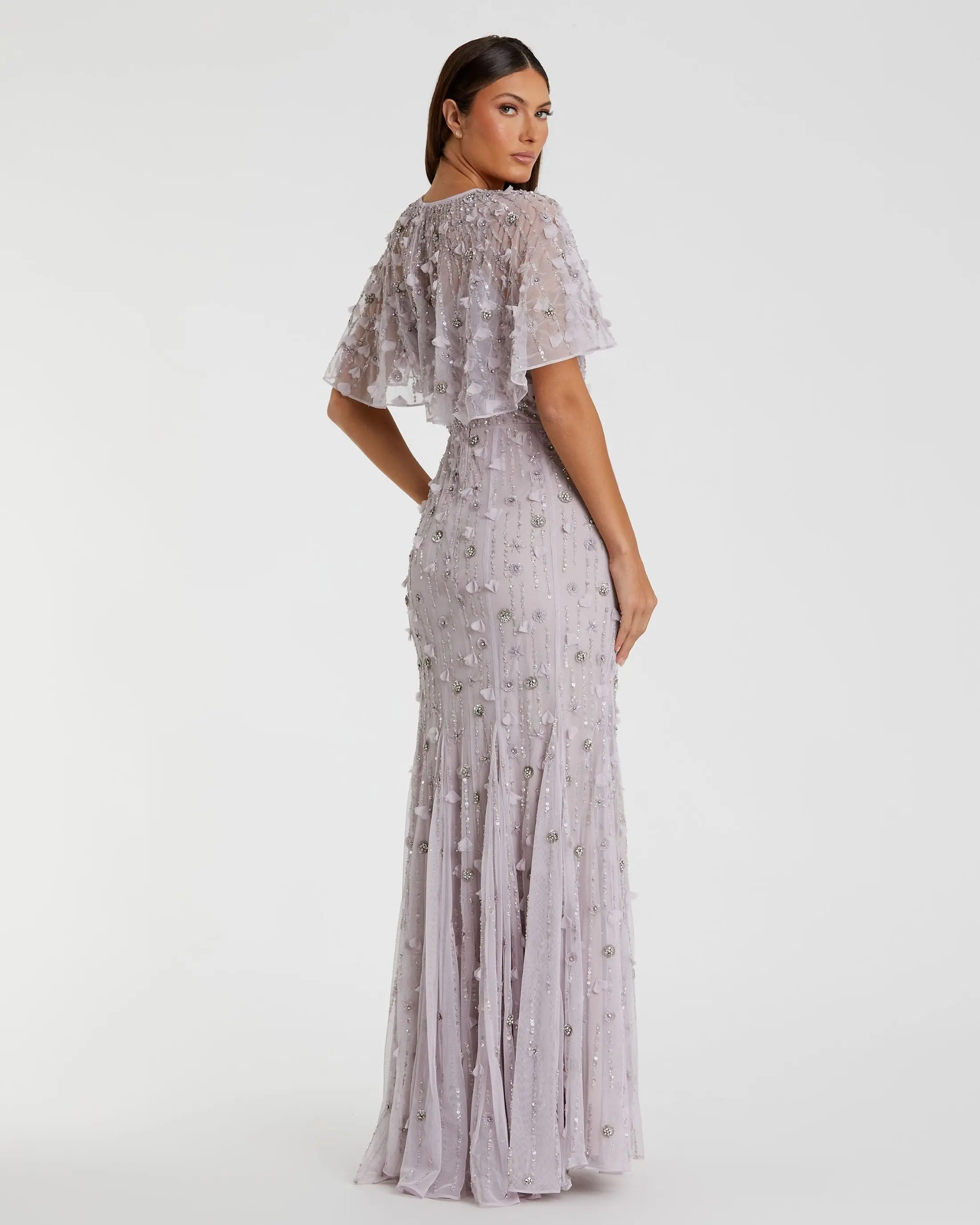 Purple Embellished Illusion Cape Sleeve Trumpet Gown - Image 3