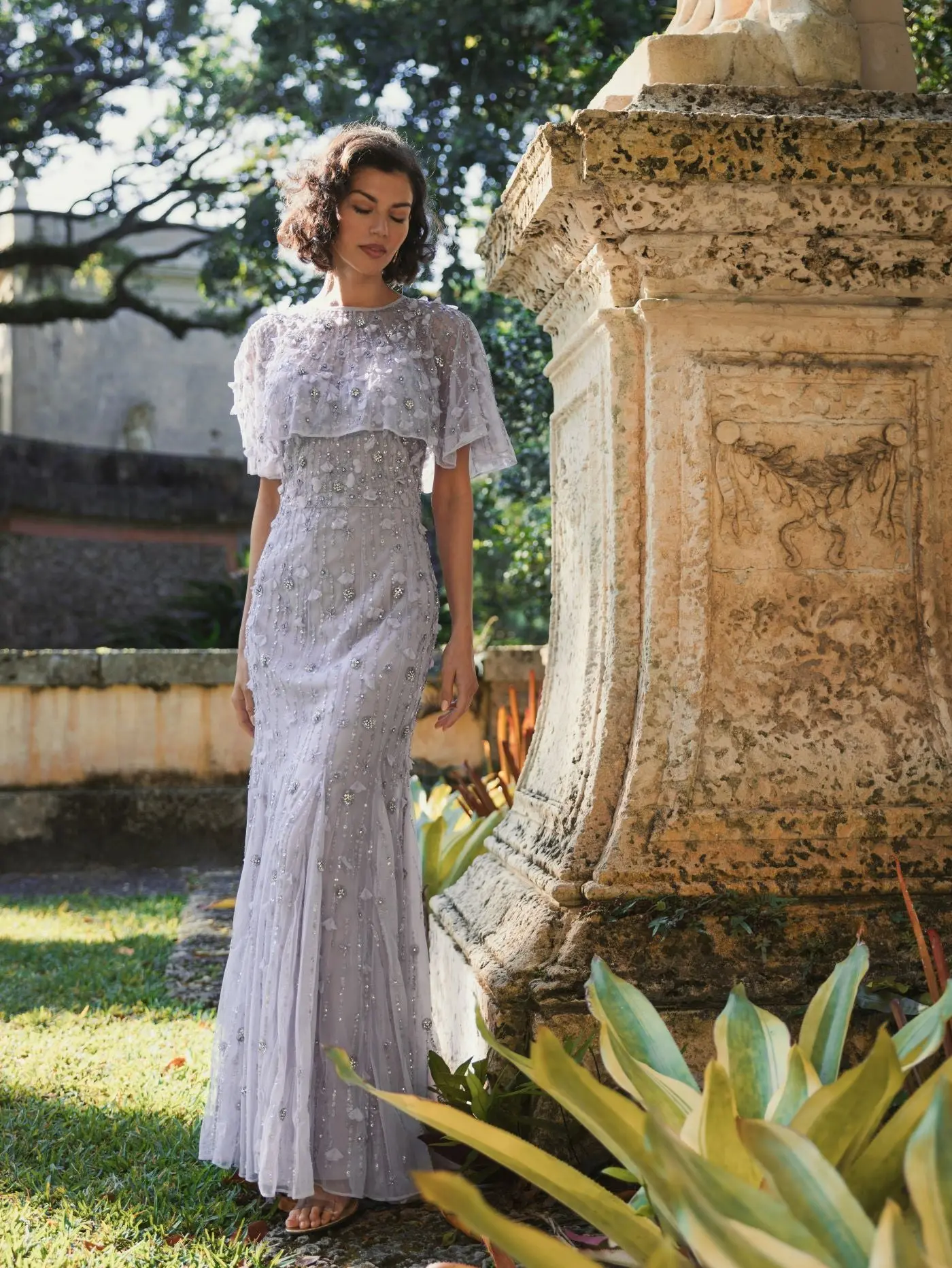 Purple Embellished Illusion Cape Sleeve Trumpet Gown - Image 4