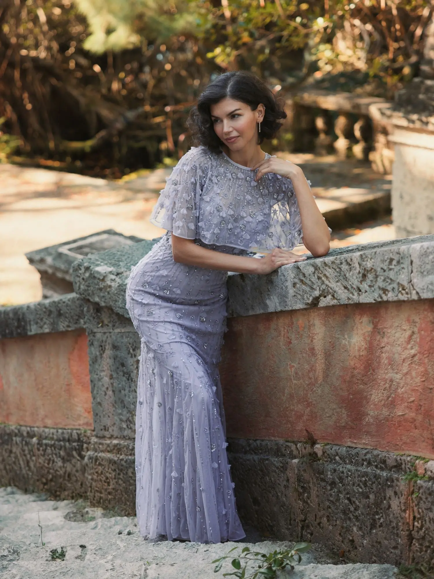 Purple Embellished Illusion Cape Sleeve Trumpet Gown - Image 5