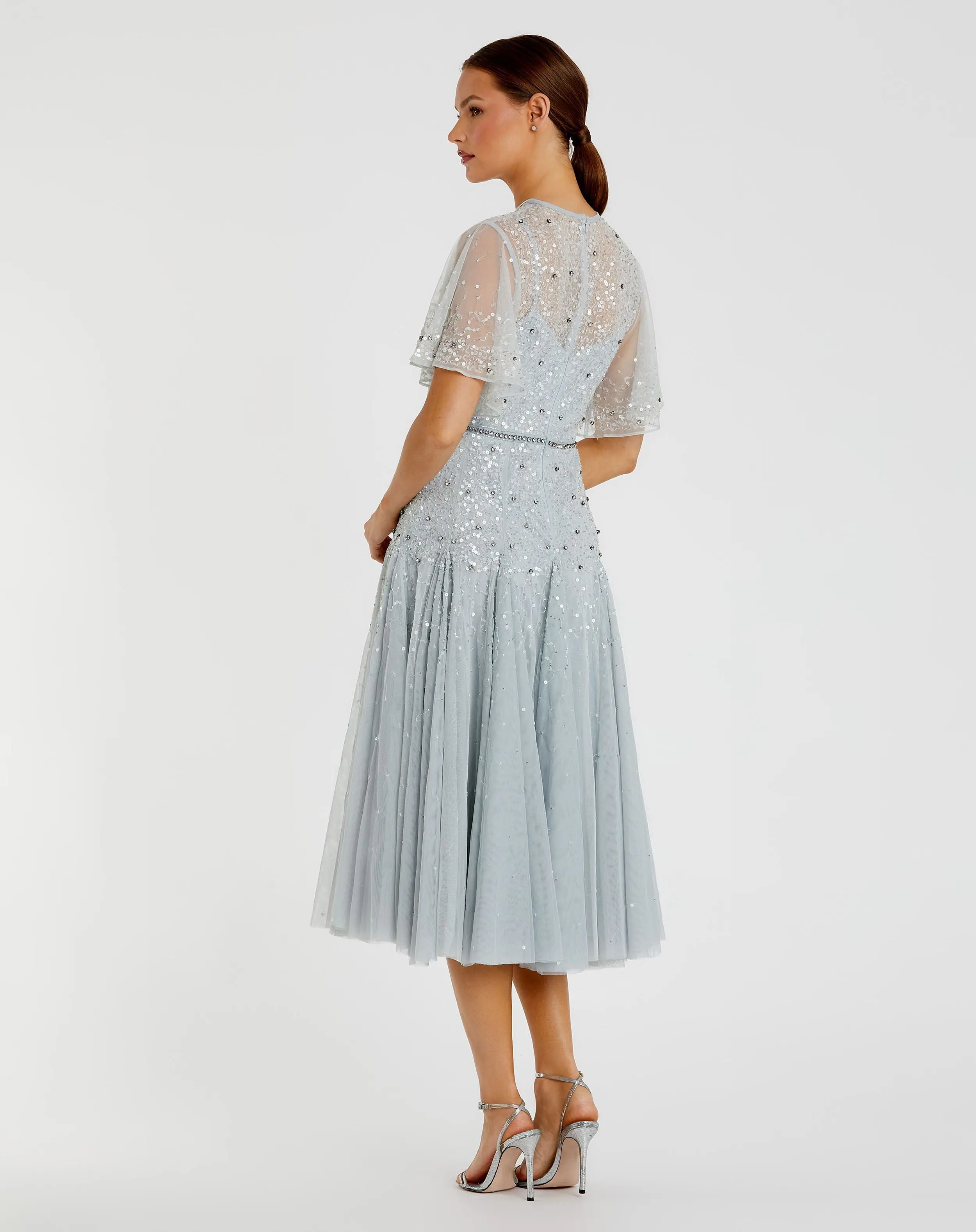 Blue Flutter Sleeve Beaded Tea Length Drop Waist Dress - FINAL SALE - Image 3