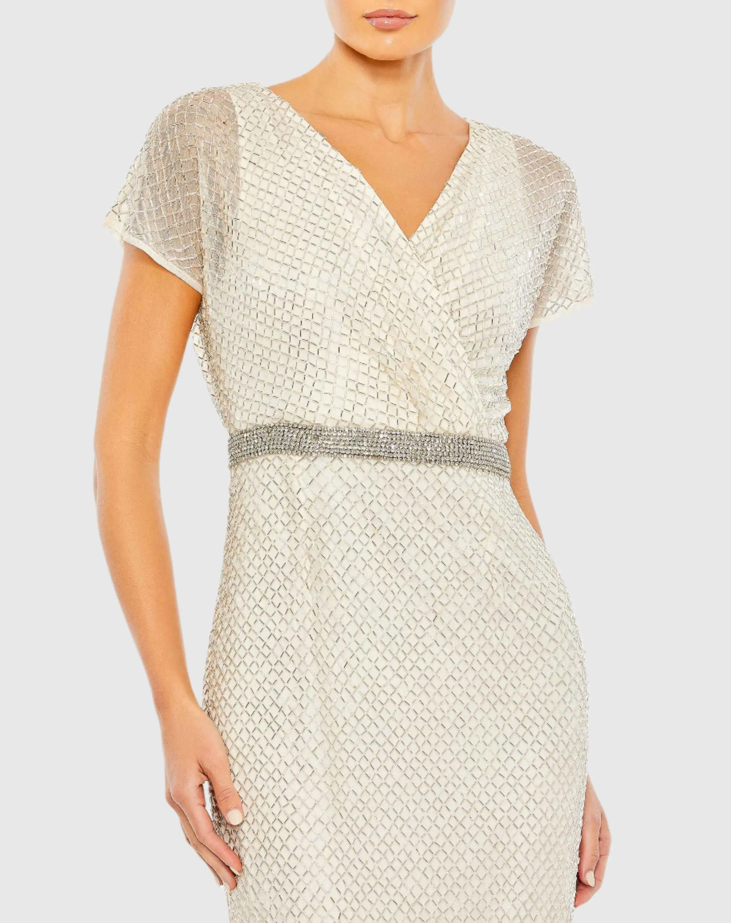White Beaded Short Sleeve Column Gown - FINAL SALE - Image 2