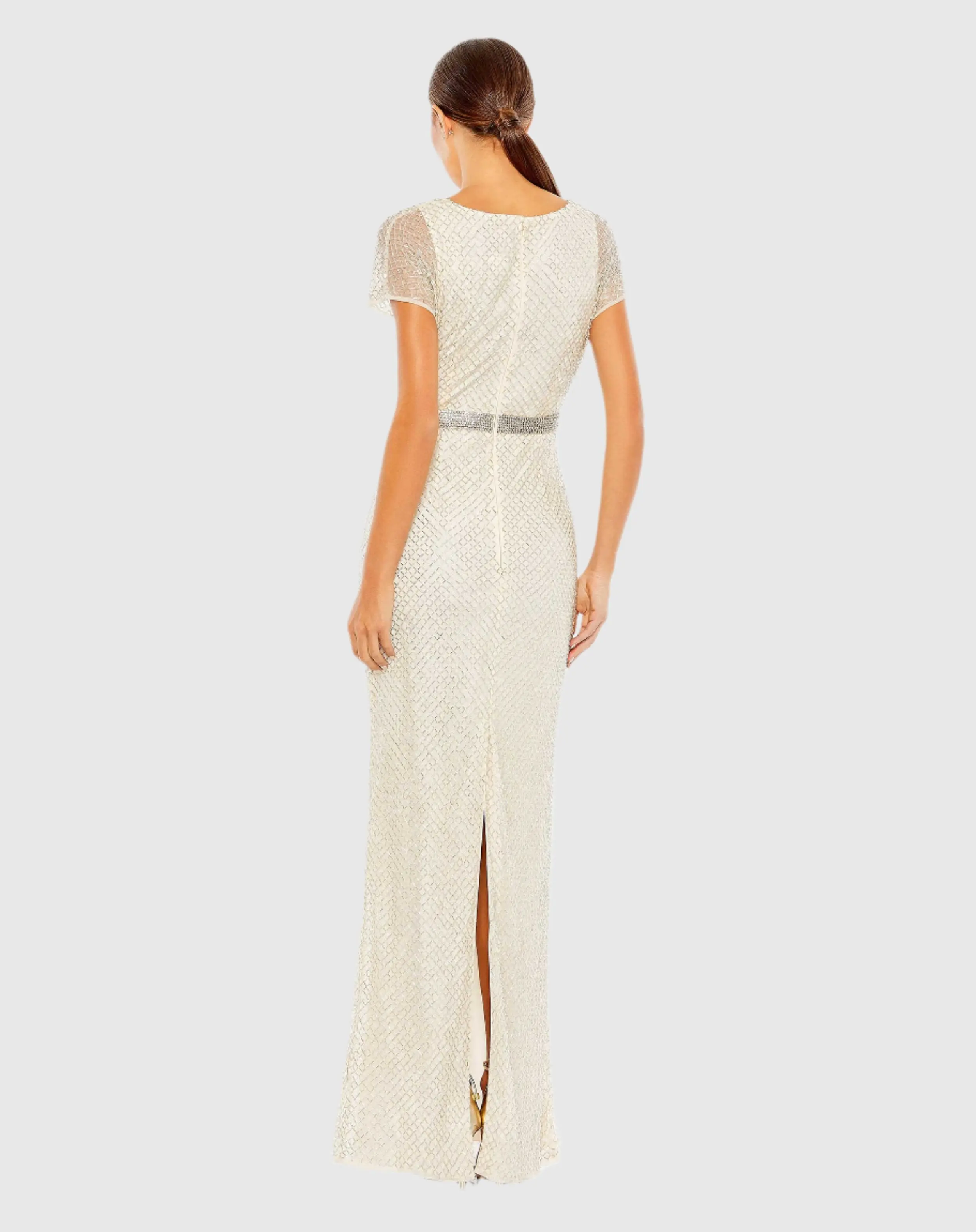 White Beaded Short Sleeve Column Gown - FINAL SALE - Image 3