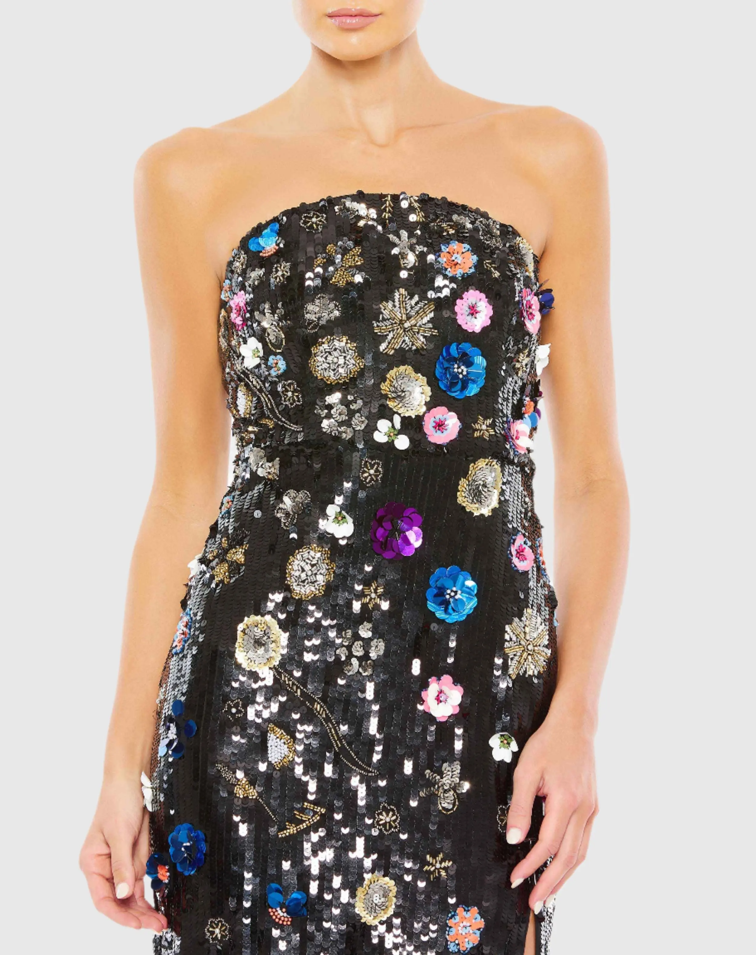 Black Floral Embellished Strapless Column Gown - Image 2